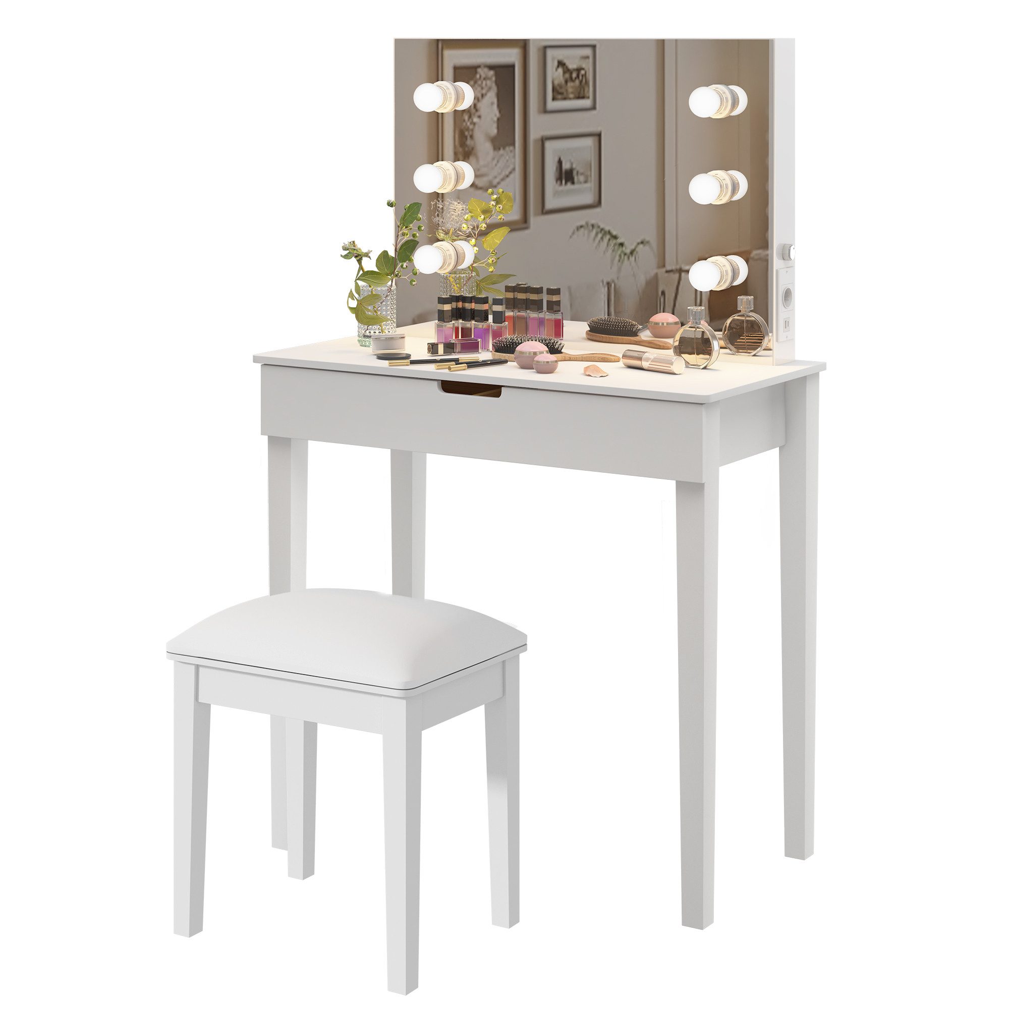 BlingBin Schminktisch Schminktisch mit LED-Spiegel und Hocker (1er Set, 1-St., Frisiertisch mit Spiegel und Hocker), Schminktisch-Set mit 6 Glühbirnen