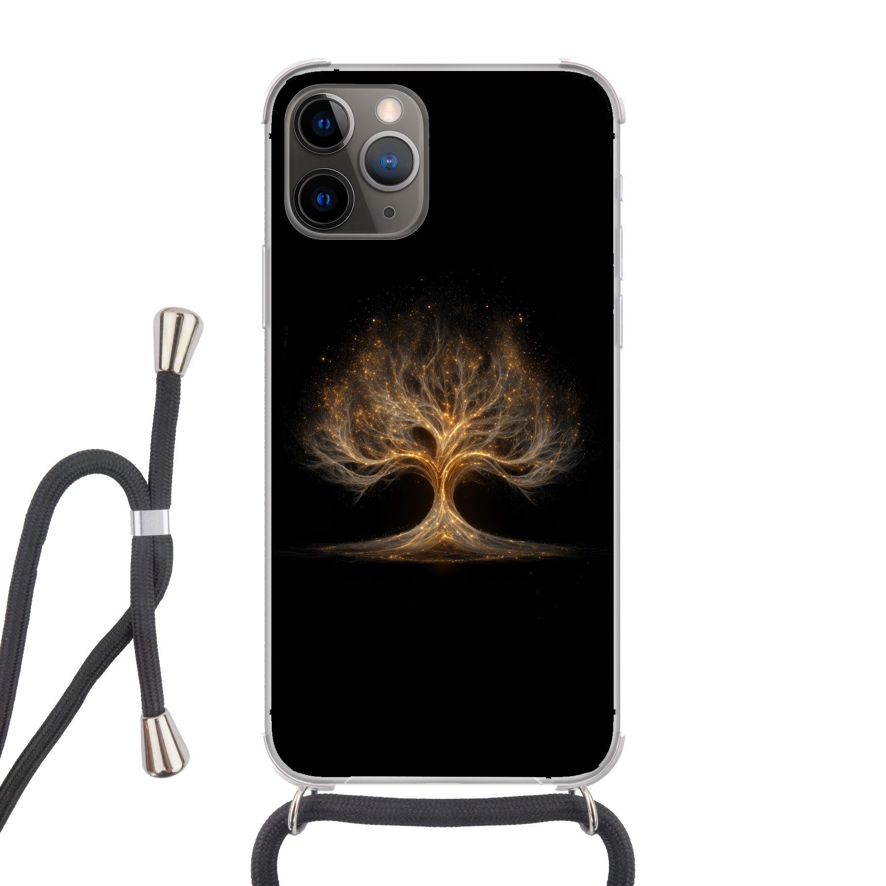 MuchoWow Handyhülle für Apple iPhone 12 Pro Lichter - Baum - Abstrakt - Schwarz, Tragbare Handyhüllen mit Kette zum umhängen, Handykette Handyband