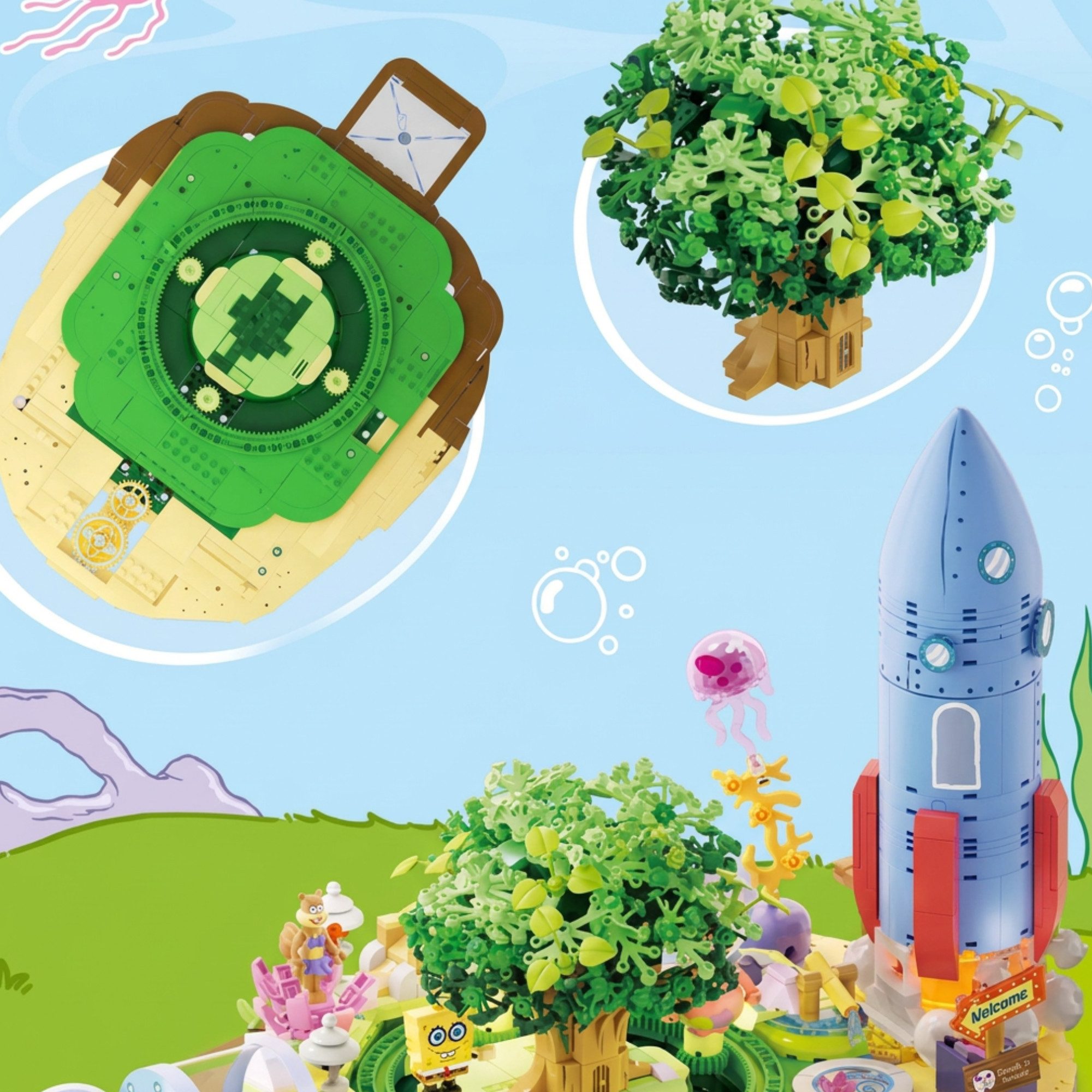 Athlix Sandy Cheeks Baumkuppel Klemmbausteine 1200 Bausteine Spielbausteine, DIY Montage mit 3 Figuren Spielzeug für Kinder
