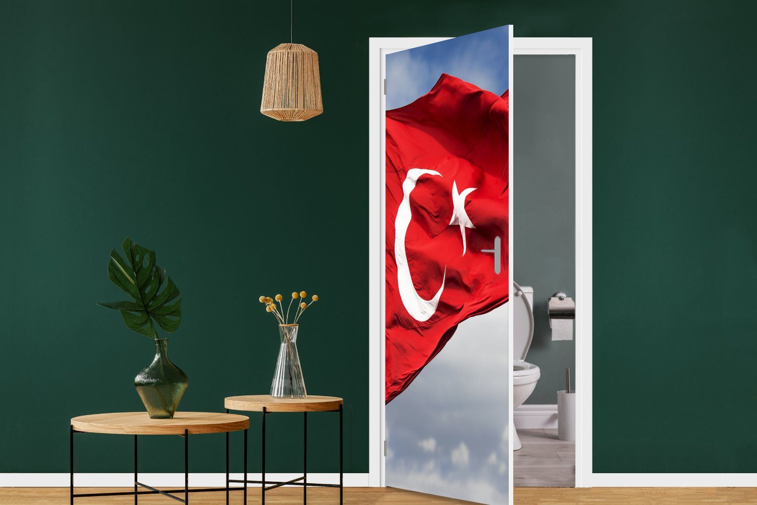 türkische für Flagge Wind, Matt, St), MuchoWow (1 Tür, Türaufkleber, Eine 75x205 bedruckt, im cm Fototapete Türtapete