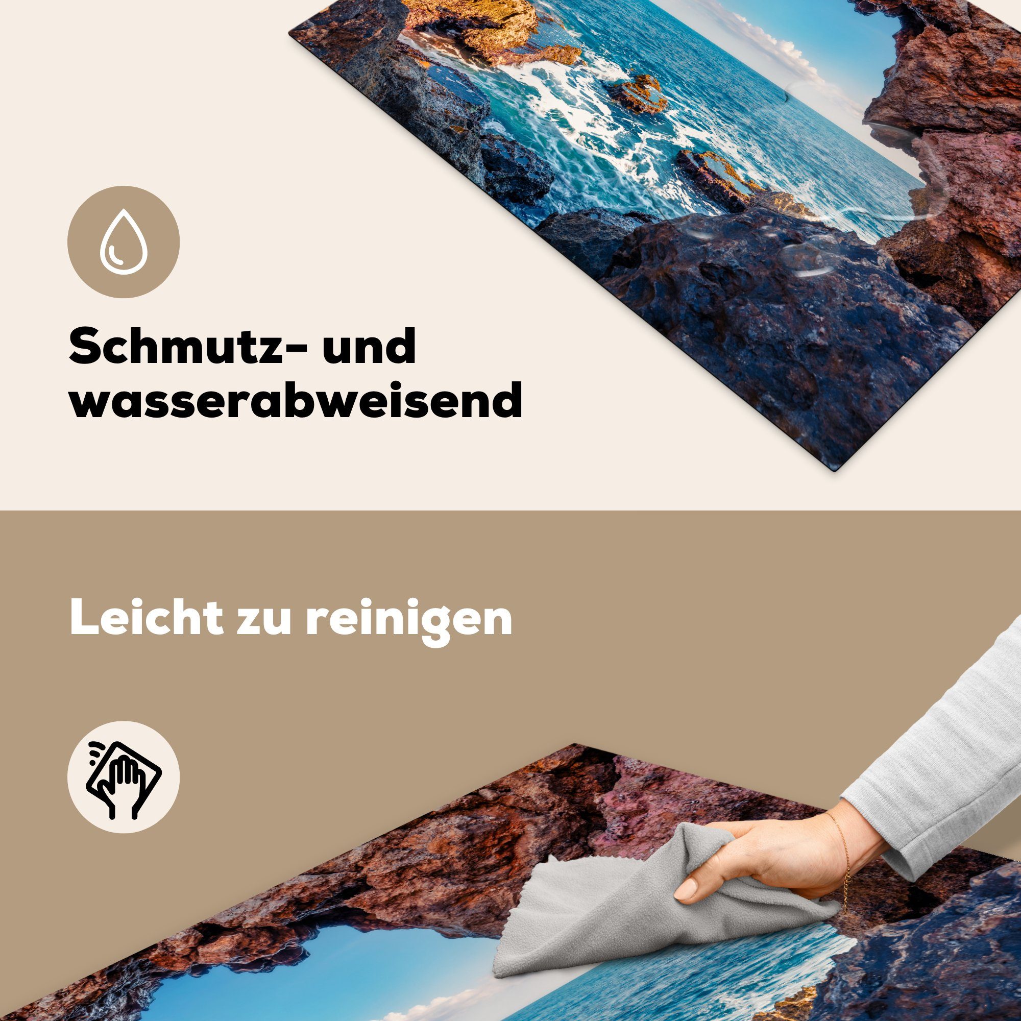 für Vinyl, tlg), Arbeitsplatte Meer Felsen cm, - (1 - MuchoWow Ceranfeldabdeckung, Höhle 81x52 küche Herdblende-/Abdeckplatte - Natur,