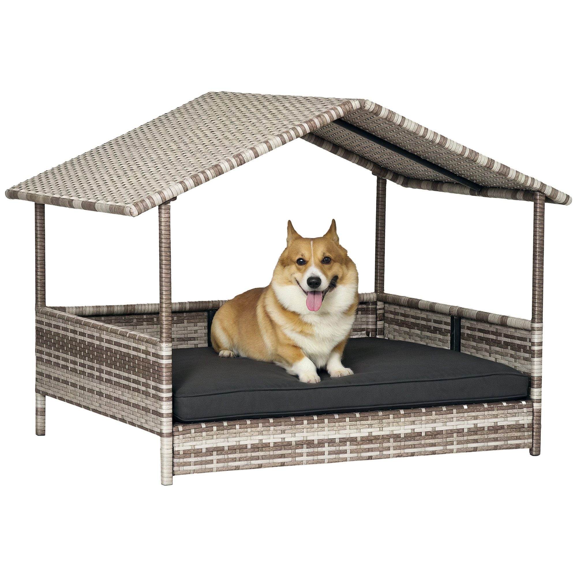 PawHut Hundehütte Rattan Hundehaus mit Kissen, Hundebett im Hausform, für kleine, mittlere Hunde, Grau