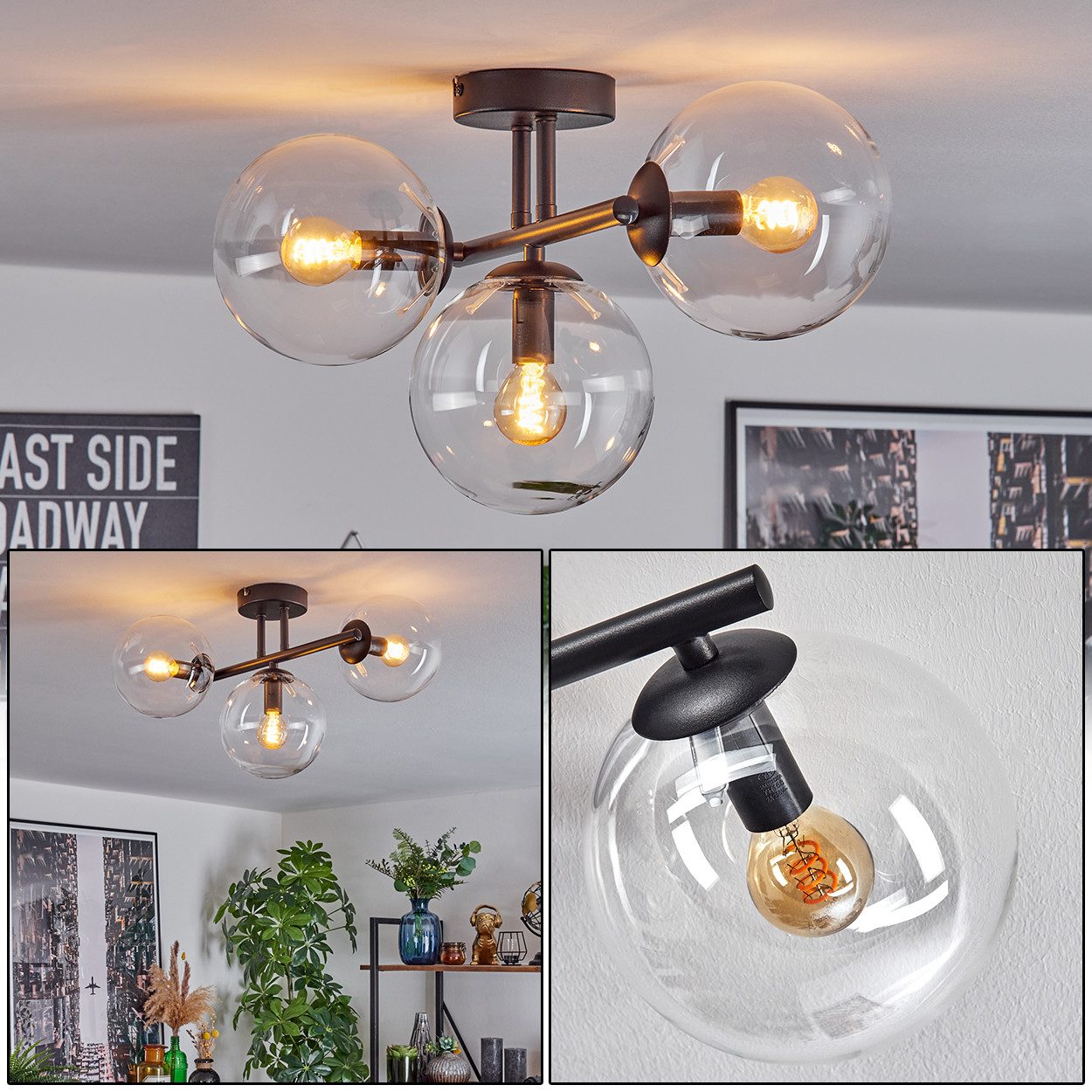 hofstein Deckenleuchte Deckenlampe aus Metall/Glas in Schwarz/Klar, ohne Le günstig online kaufen