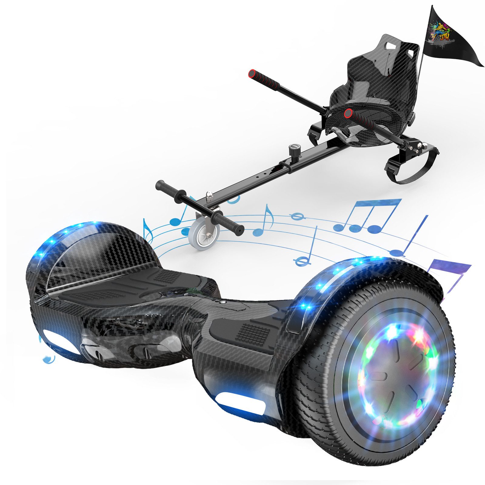 EVERCROSS TECH Balance Scooter Kart 6.5” Hoverboard mit Sitz, Leuchtende Reifen, Bluetooth-Musik, LED-Lichter, bis zu 10-15 km, Geschenke für Kinder