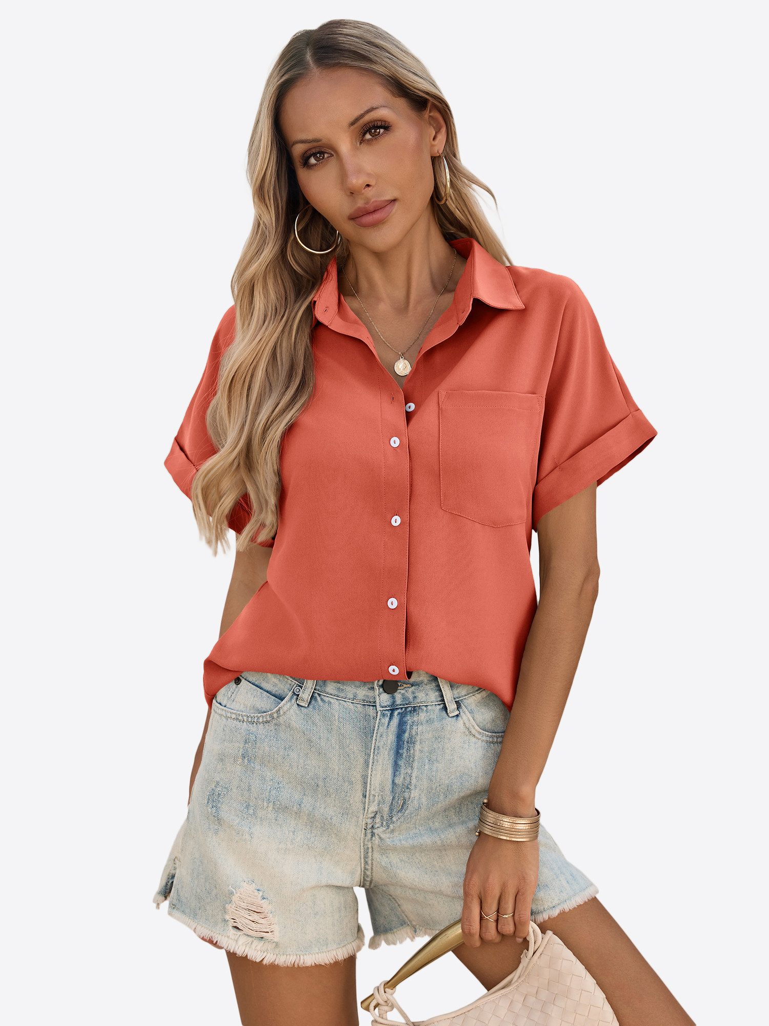 Imily Bela T-Shirt Reverskragen Kurzarmshirt mit Brusttasche (Packung, 1-tlg., 1per-Pack) in Unifarbe