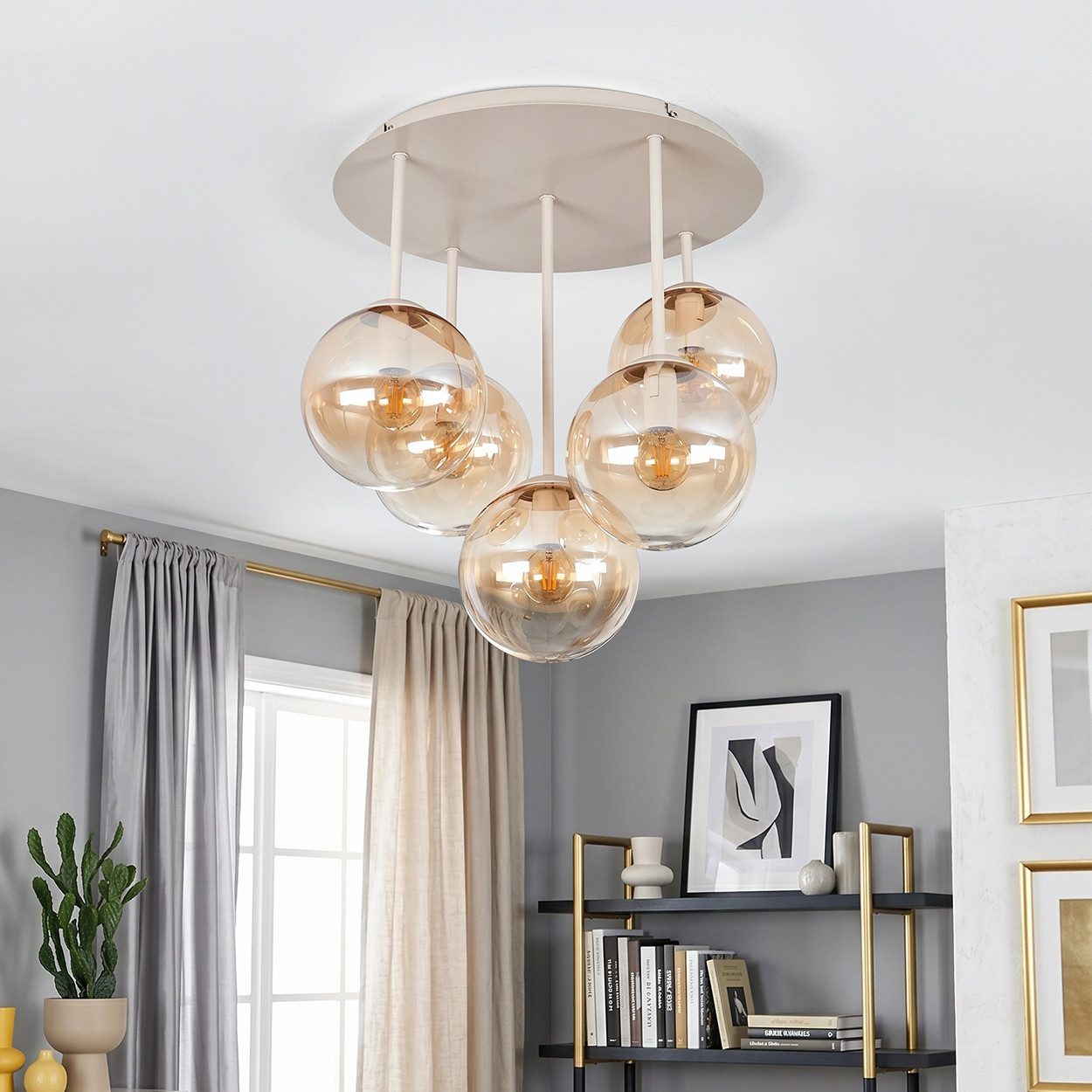 hofstein Deckenleuchte Deckenlampe aus Metall/Glas in Sandfarben/Weiß/Bernsteinfarben/Klar, moderne Deckenleuchte im Retro/Vintage-Design, 5 x E14