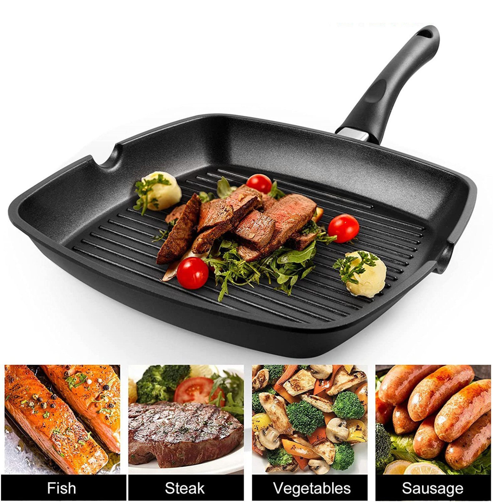 Gotoll Grillpfanne GL52383 28x28cm Steakpfanne mit Ausguss und Antihaftversiegelung, Aluminium (1-tlg), Aluminiumguss, wärmereduzierender Griff, induktionsgeeignet