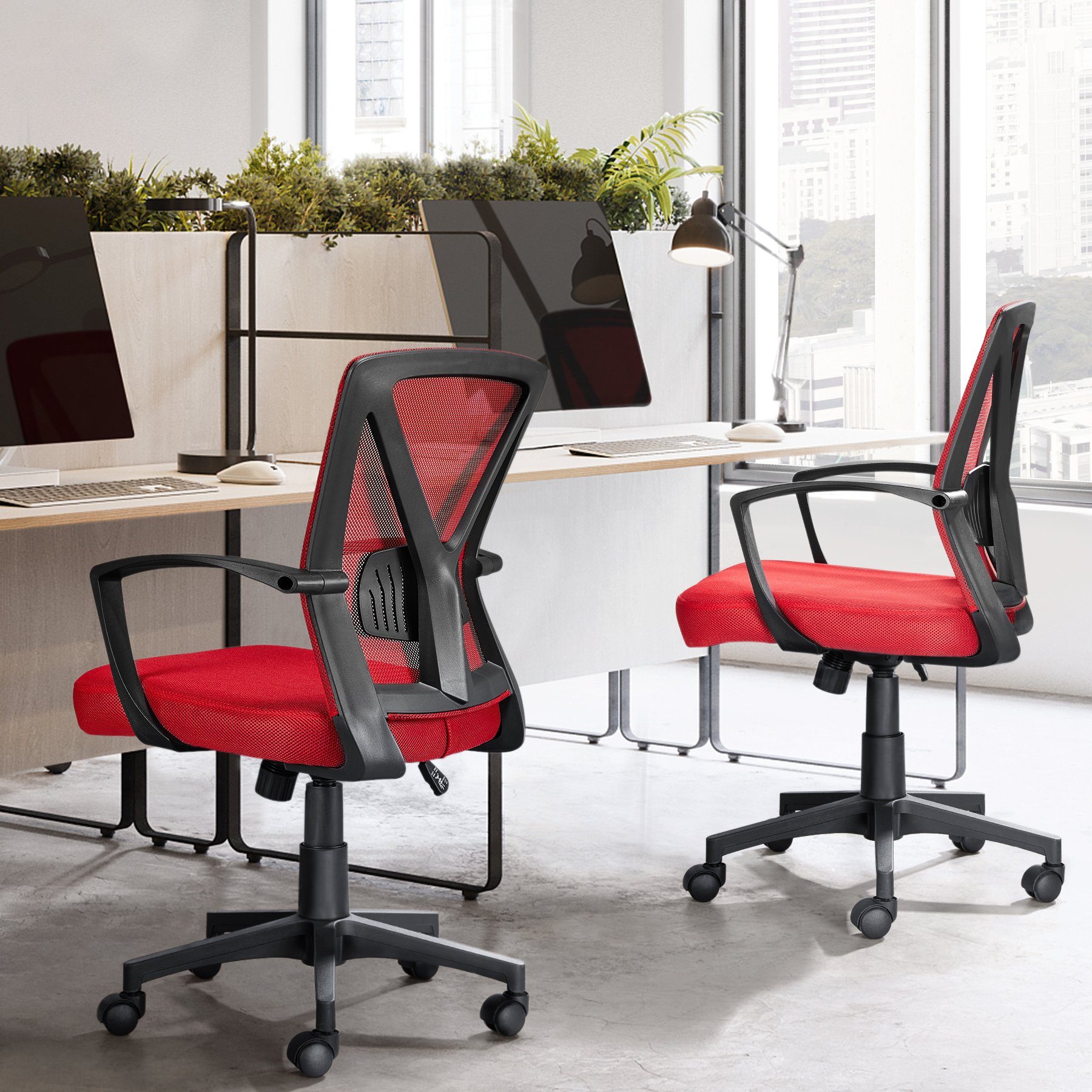 Yaheetech Schreibtischstuhl, Bürostuhl mit Wippfunktion höhenverstellbar rot
