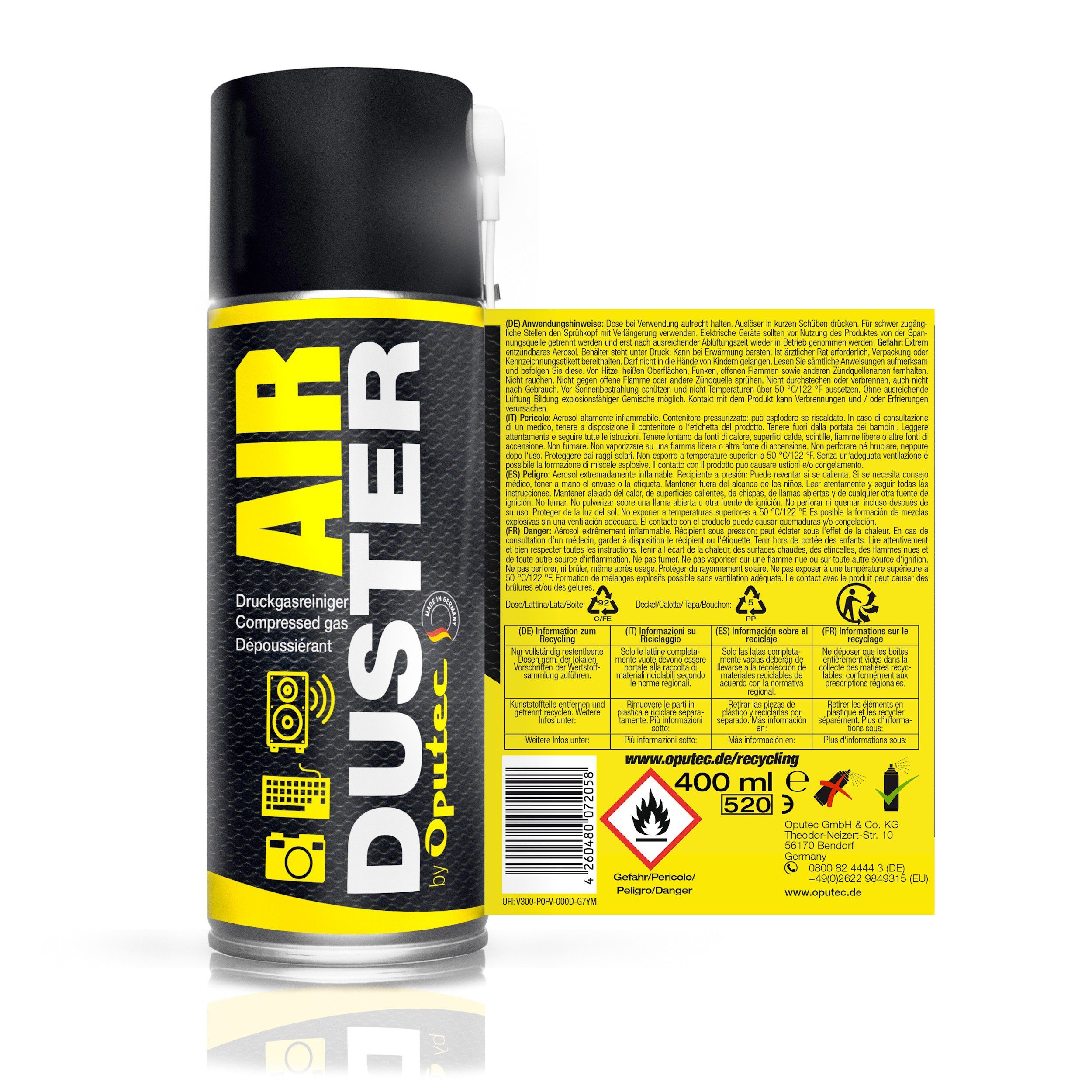 Oputec 6 x 400ml Druckluftspray Air Duster Druckgasreiniger Tastatur Reiniger Druckluftreiniger (Spar-Set)