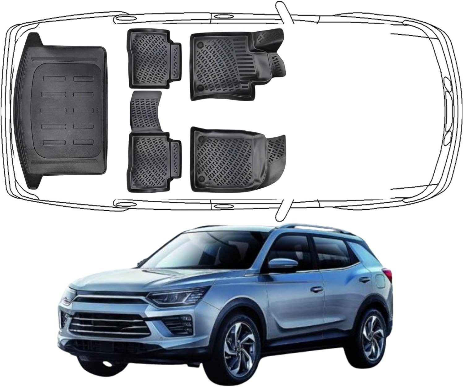 Trimak Passform-Fußmatten Oder Kofferraumwanne Oder Set kompatibel mit SsangYong Korando, SsangYong Korando C300 ab 2019 Gummimatten Auto & Kofferraummatte TPE