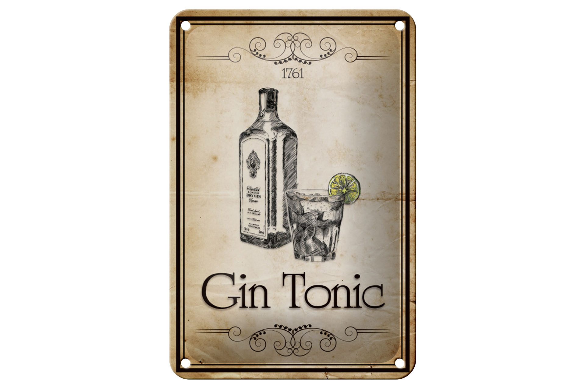 Metallschild Alkohol 12x18cm 1761 Gin tonic Retro