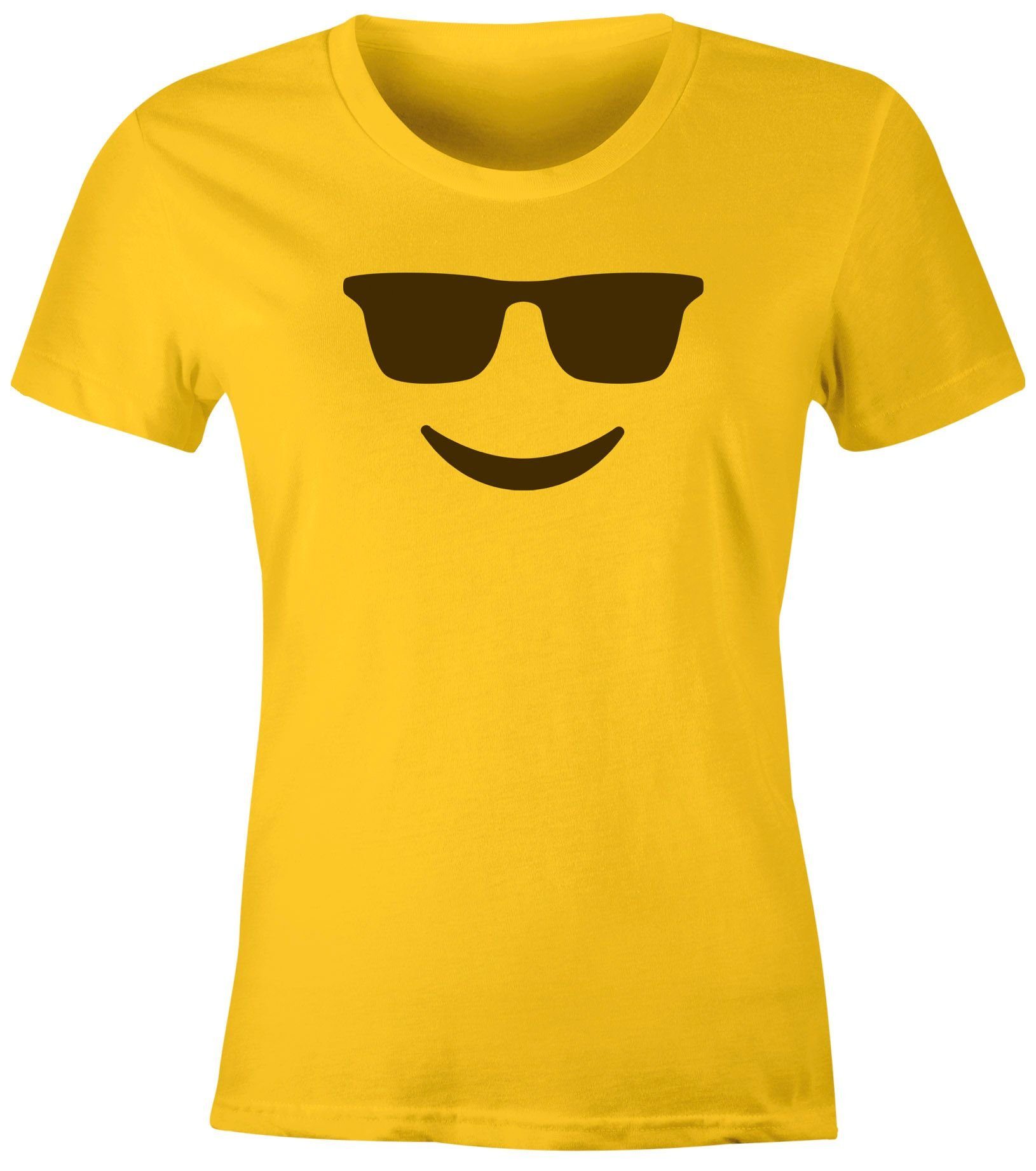 MoonWorks Print-Shirt Damen T-Shirt Emoticon Gruppenkostüm Fasching Karneval Junggesellenabschied JGA lustig Fun-Shirt Moonworks® mit Print Sonnenbrille gelb