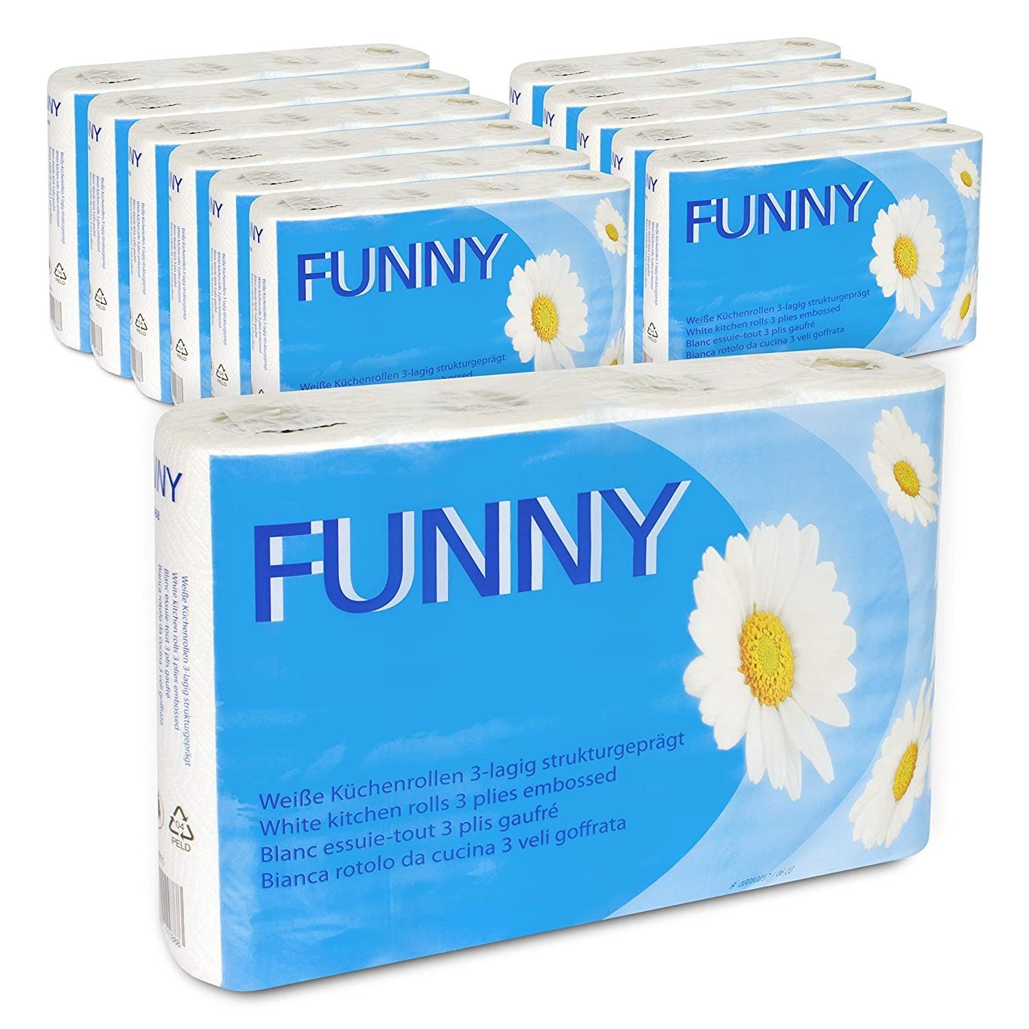 Funny Papierküchenrolle 3-lagig, Zellstoff, Hochweiß, Großpack mit 48 Rollen