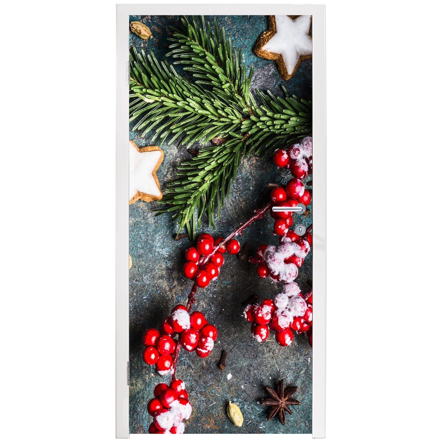 MuchoWow Türtapete Weihnachten - Rustikal 75x205 Türaufkleber, - - bedruckt, Zweige - Matt, cm Sternanis Rot, Beeren (1 für - Tür, St), Fototapete