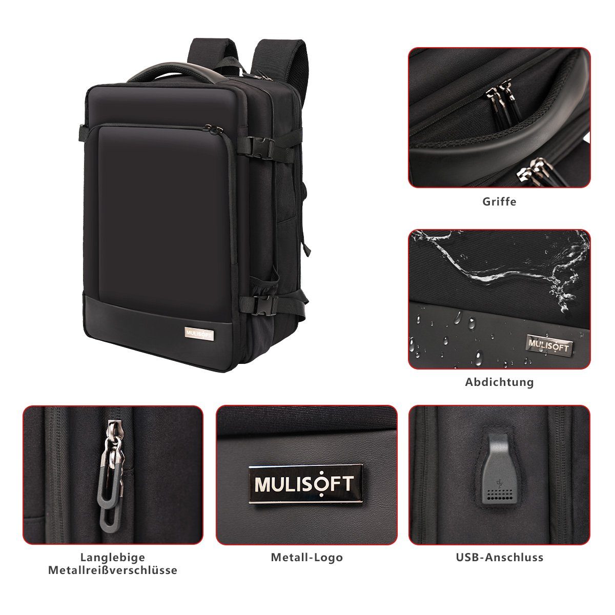 MULISOFT Tourenrucksack Reiserucksack Rucksack USB-Ladeanschluss Laptop Rucksack, Erweiterbarer Laptopfach,und 46x32x28cm, mit Handgepäck Schwarz