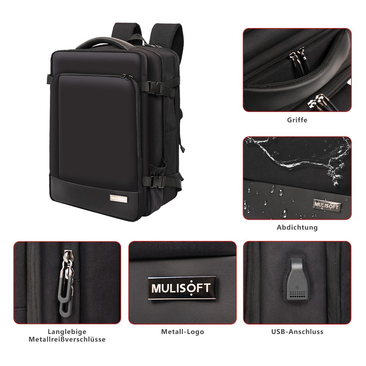 mit Erweiterbarer Laptoprucksack Laptop,Schwarz, MULISOFT zoll 17 Freizeitrucksack USB-Ladeanschluss 46x32x28cm Laptopfach für und Reiserucksack