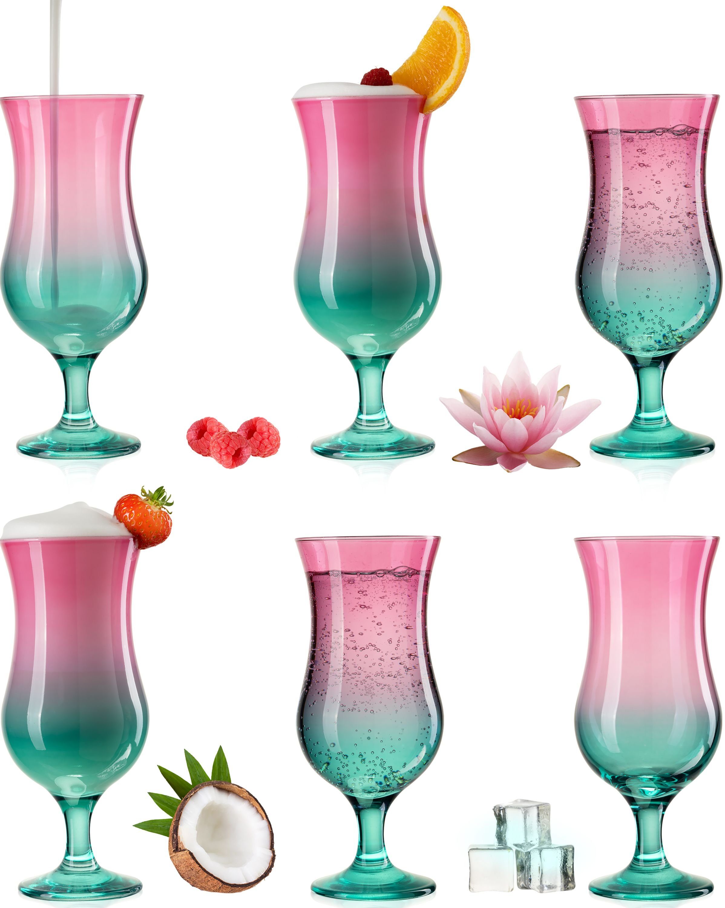 PLATINUX Cocktailglas Келихи для коктейлів Rosa-Türkis, Glas, Bunt 400ml (max. 470ml) Longdrinkgläser Partygläser Milkshake Groß