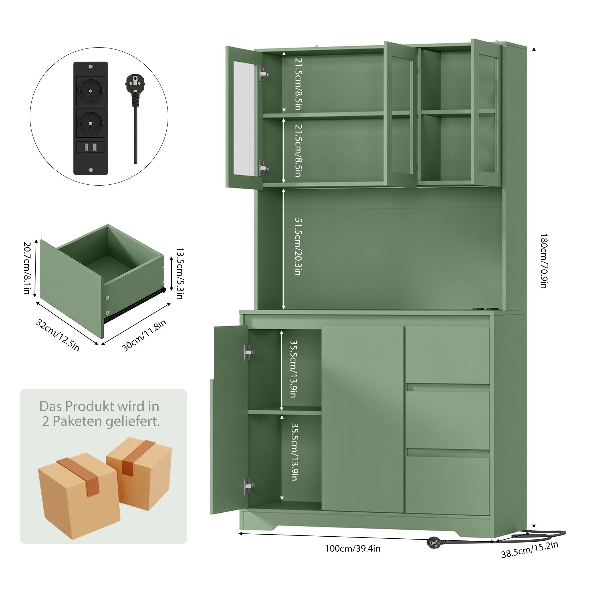 Homfa Küchenbuffet Küchenschrank Buffetschrank mit LED Sideboard grün mit Steckdosenleiste & Arbeitsplatte 180x100x38,5cm