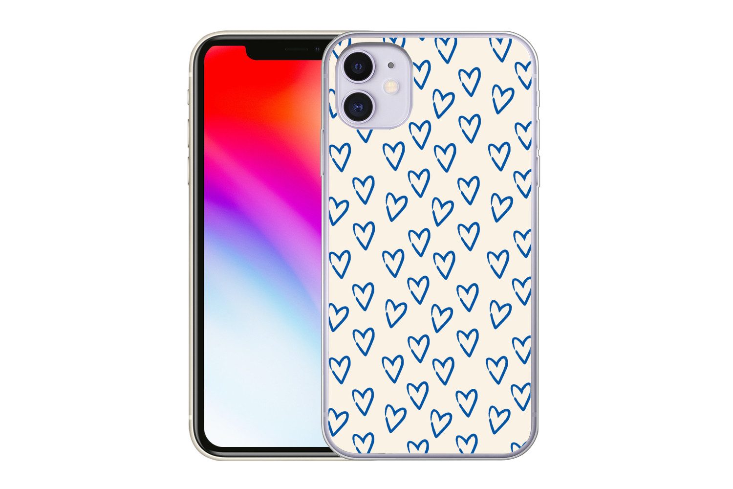 MuchoWow Handyhülle für Apple iPhone 11 Herzmuster - Blau - Beige - Liebe, Smartphone-Bumper, Print, Handy Schutzhülle Dünn
