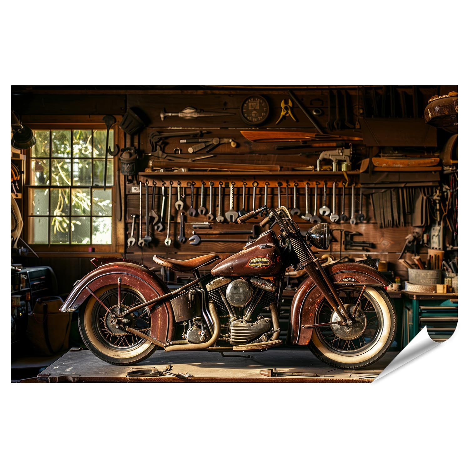 islandburner Poster Klassisches Motorrad in der Werkstatt für Garage