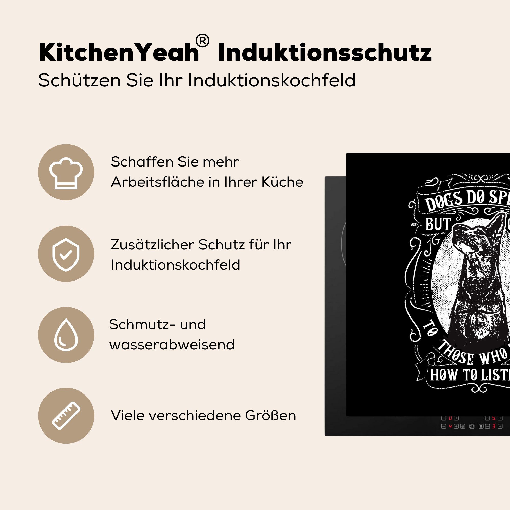 küche 78x78 Hund cm, - MuchoWow Schwarz Herdblende-/Abdeckplatte - Spruch, Retro - tlg), - (1 Arbeitsplatte Vinyl, für Ceranfeldabdeckung, Weiß