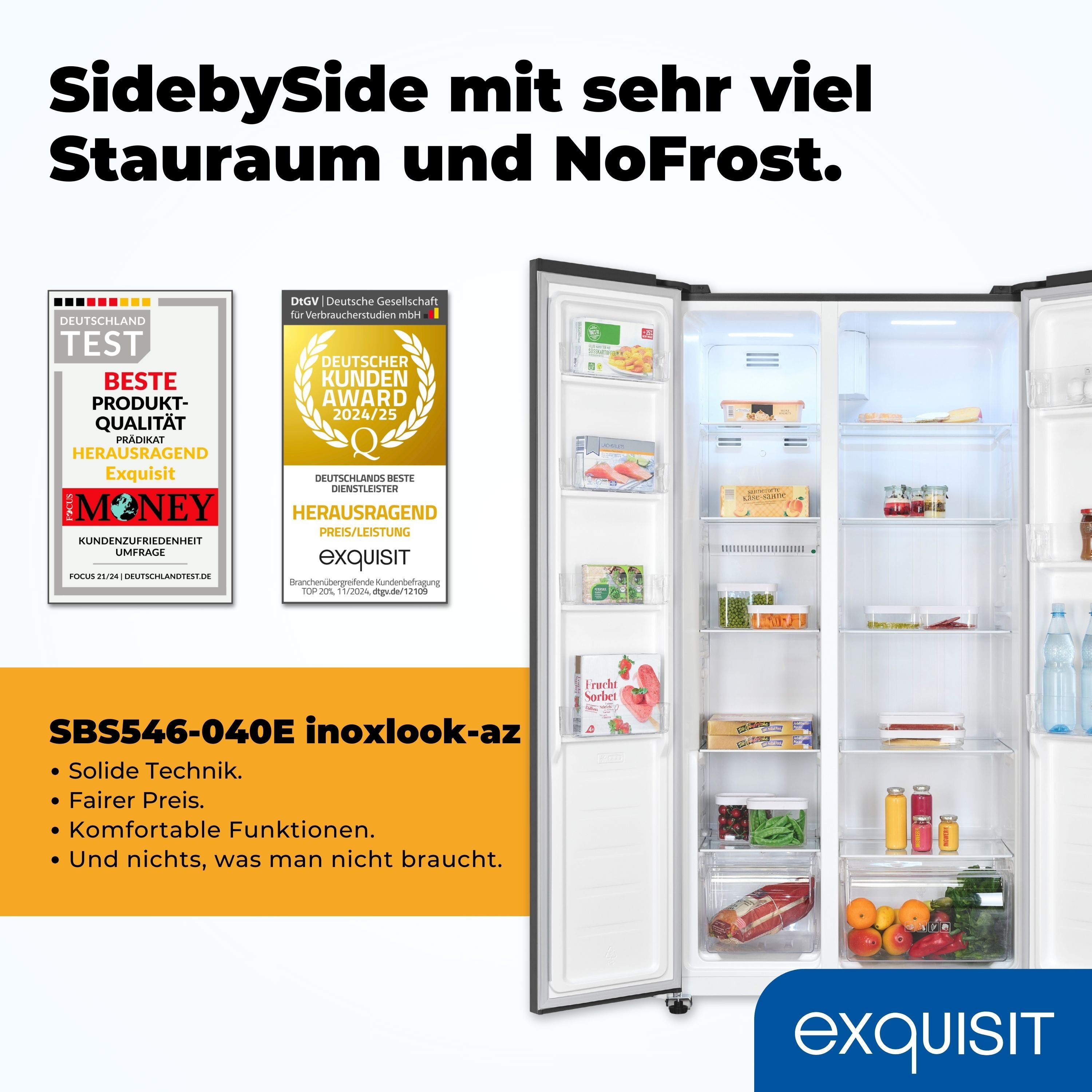exquisit Side-by-Side SBS546-040E, 177 cm hoch, 90 cm breit, No-Frost-Technologie, LED-Beleuchtung, 4*-Gefrierfach