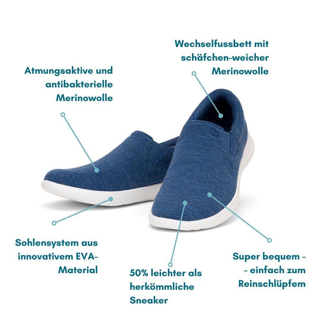 merinoshoes.de Merinowolle Eleganter aus mit Slip-On - Damenschuh Atmungsaktiver Sneaker merinos blauer Schuh jeansblau Funktion