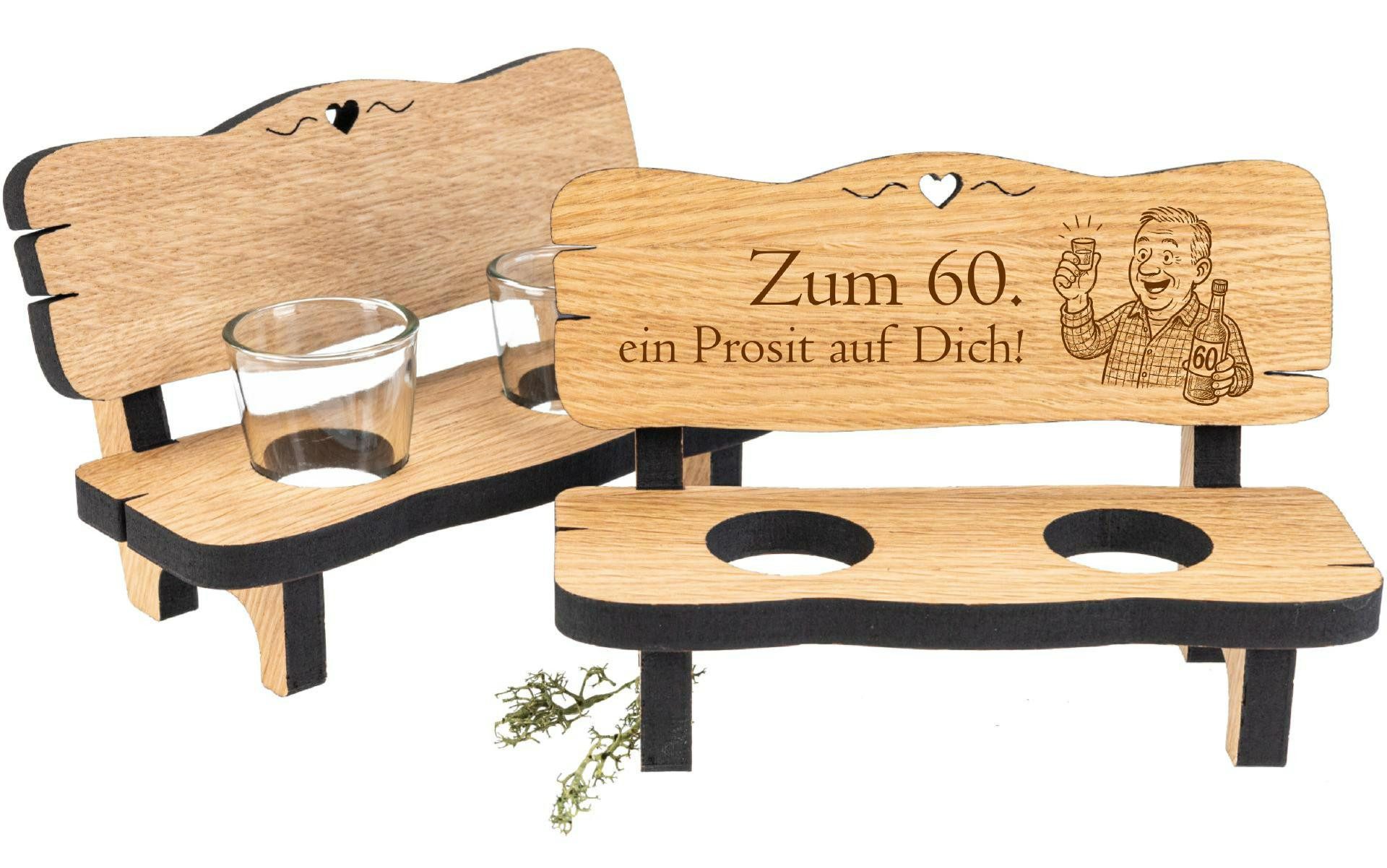 Holz Frank Schnapsglas Schnapsbank aus Eiche mit 2 Shotgläsern und Gravur "60 Geburtstag", 3-tlg., Eiche