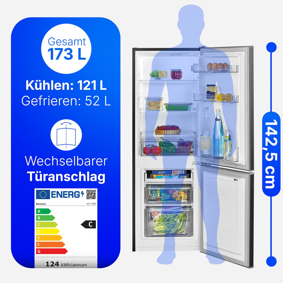 BOMANN Kühl-/Gefrierkombination KG 7359, 142.5 cm hoch, 49.5 cm breit, 143cm Kühl-/Gefrierkombination, Energieklasse C