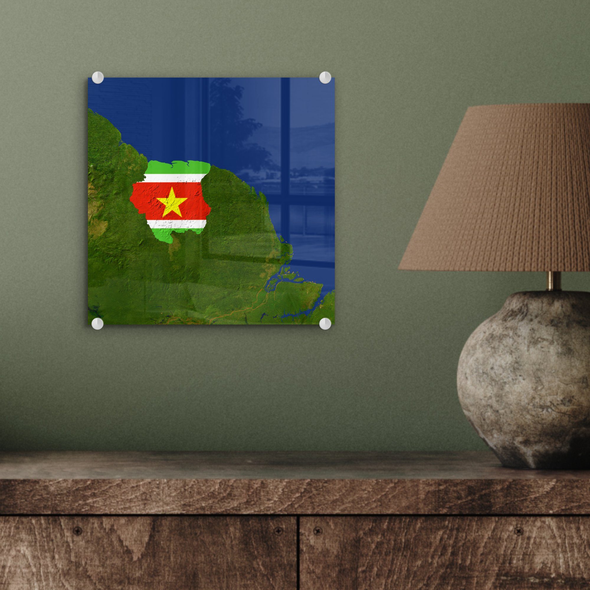 - Landes St), darüber, (1 Ein Foto Suriname auf MuchoWow von Wanddekoration - Flagge Bilder mit Glas - Satellitenbild Glas auf Wandbild Acrylglasbild Glasbilder der des