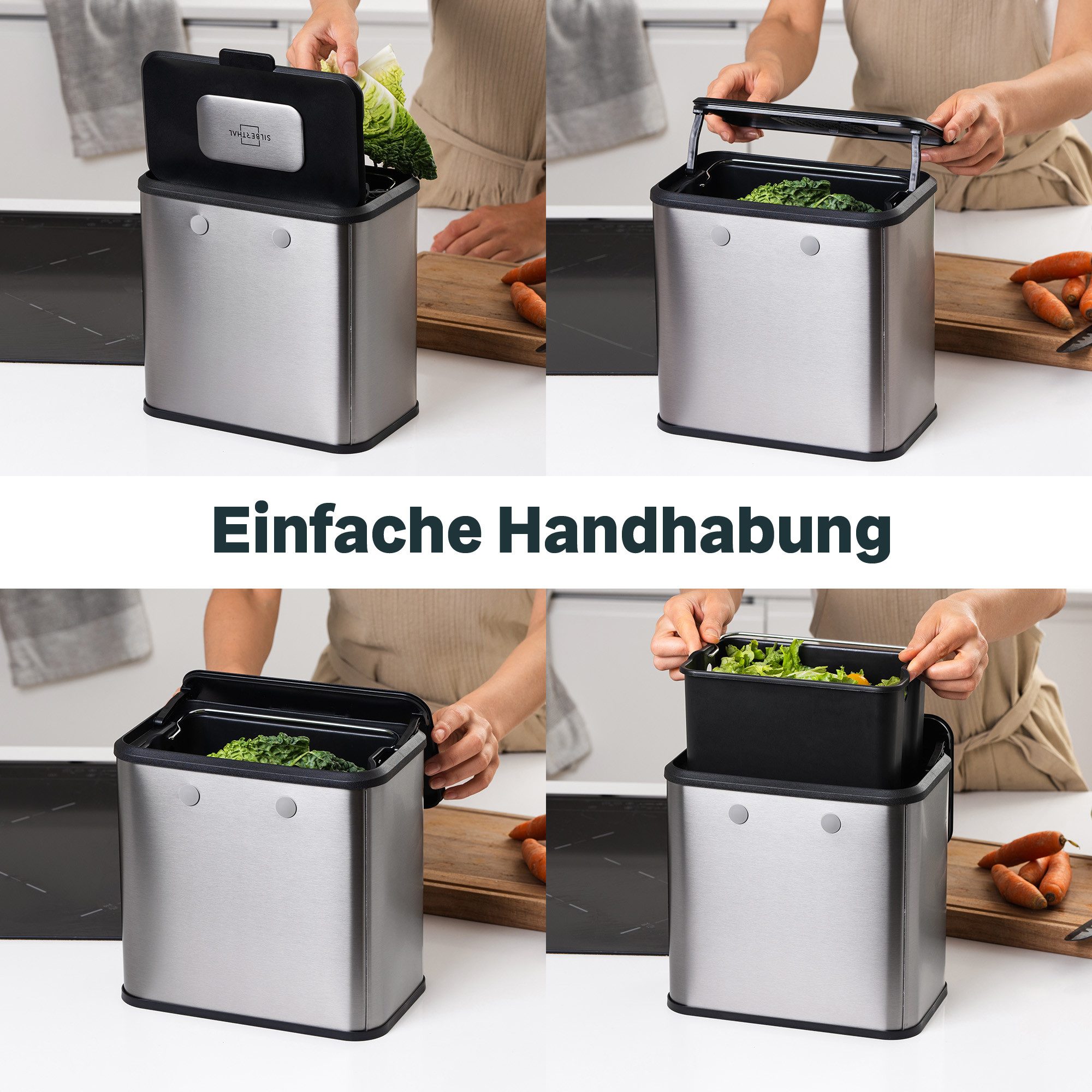 SILBERTHAL Biomülleimer klein Edelstahl 4 Liter für die Küche, zum Einhängen, Stellen oder Ankleben – Bild 4 von 5