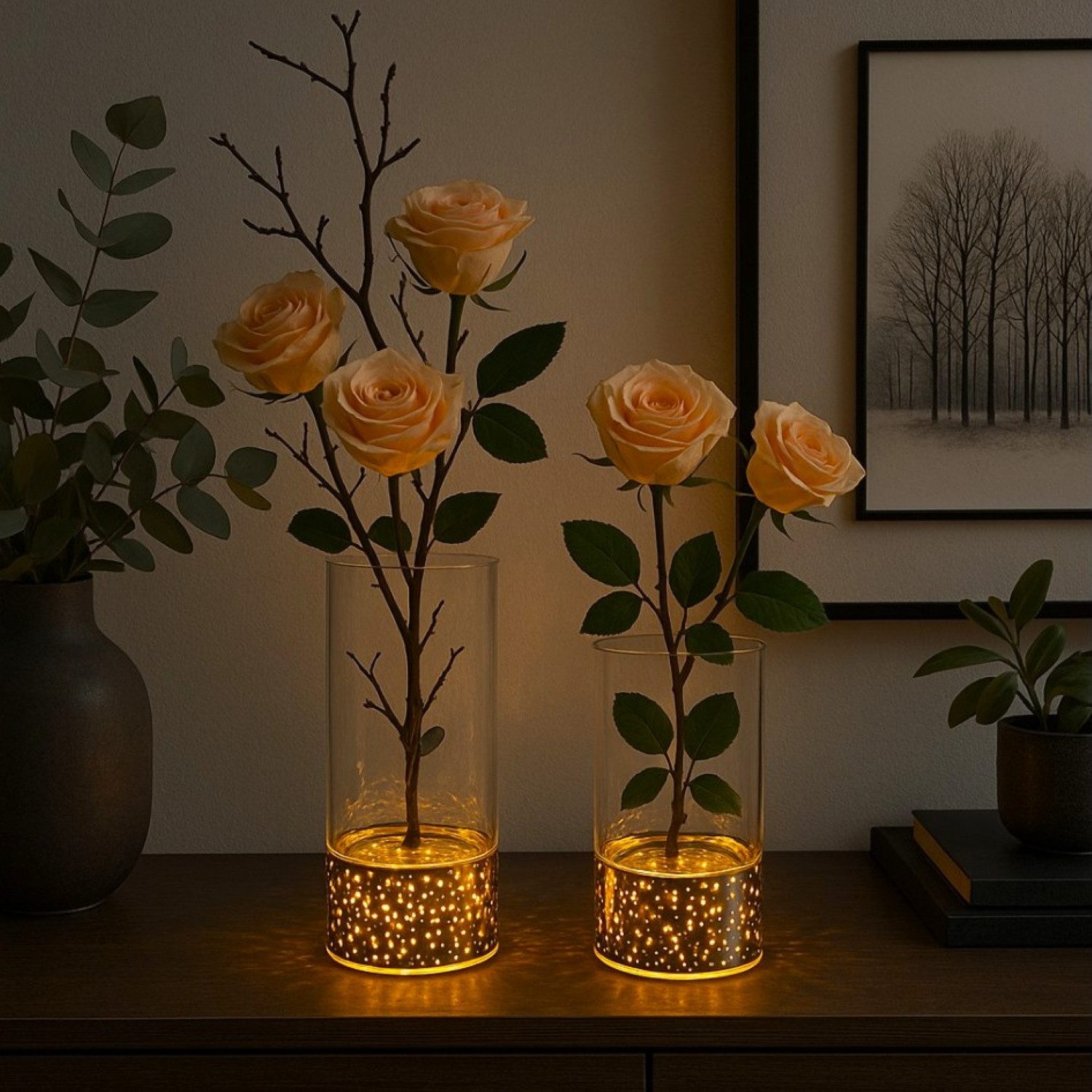 Online-Fuchs Dekovase mit LED-Beleuchtung und Timer - DIY Vase zum Dekorieren (Warmweiß oder Farbwechsel möglich, 2er Set, 15 und 20,5 cm groß), praktische 6-Stunden Timerfunktion