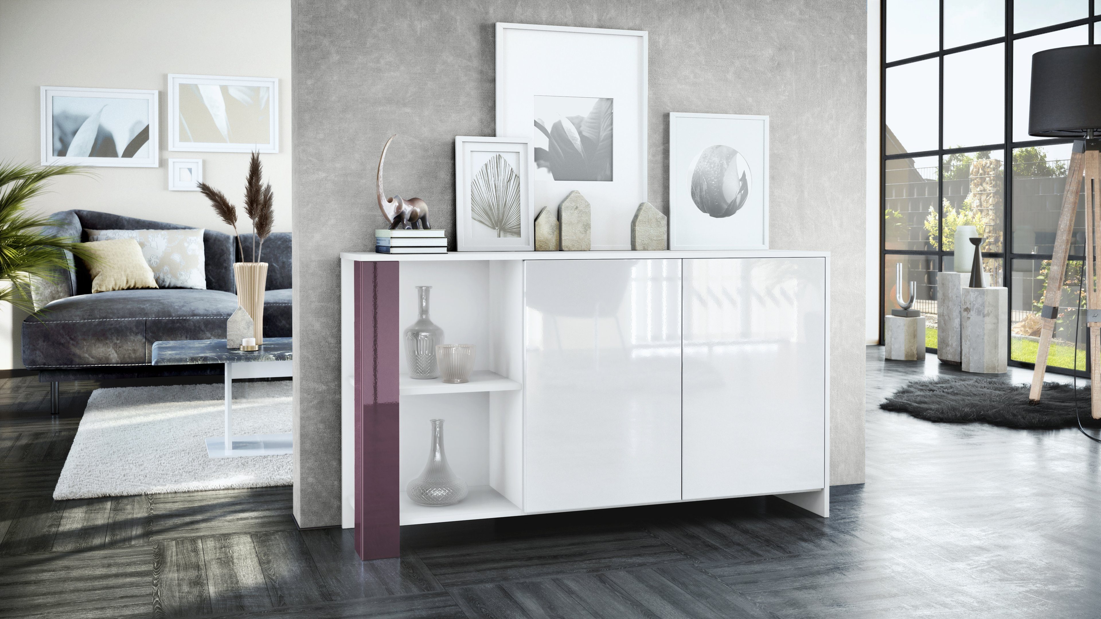 Vladon Sideboard Canto (Sideboard, mit 2 Türen und 6 Fächern), Weiß matt, Weiß Hochglanz, Brombeer Hochglanz