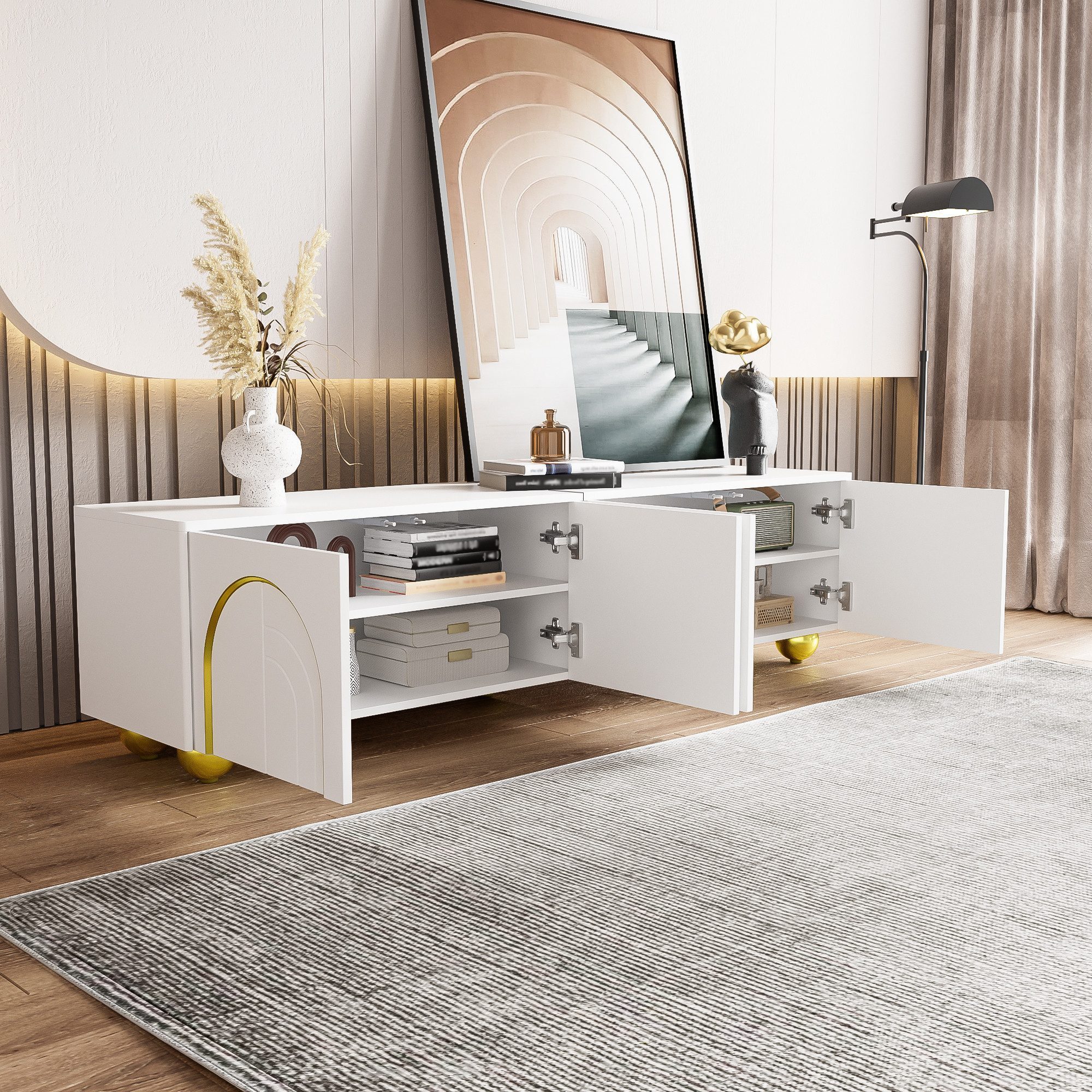 Odikalo TV-Schrank TV-Schrank Weiß, Lowboard mit 3 Türen und offenen Ablagen,170*38*44CM (Funktionales TV-Board: Bietet Platz für Konsolen, DVDs und Deko; Zeitloses weißes Finish kombiniert mit edlen goldenen Akzenten; Stabile Standfüße für optimale Bodenhaftung; Einfache Montage inklusive Anleitung) Modernes TV-Möbel mit goldenen Details, Sideboard für Wohnzimmer
