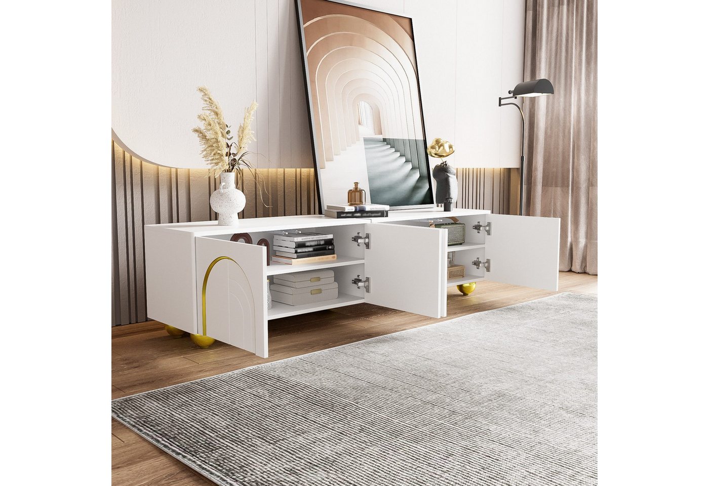 Odikalo TV-Schrank TV-Schrank Weiß, Lowboard mit 3 Türen und offenen Ablagen,170*38*44CM (Funktionales TV-Board: Bietet Platz für Konsolen, DVDs und Deko, Zeitloses weißes Finish kombiniert mit edlen goldenen Akzenten, Stabile Standfüße für optimale Boden