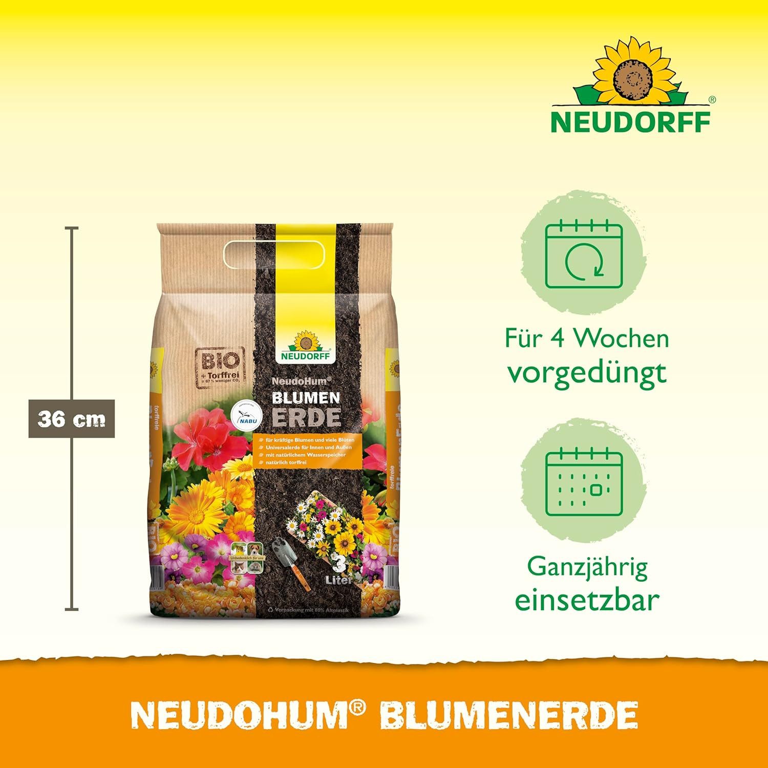 Neudorff Blumenerde NeudoHum Bio BlumenErde 3 Liter, mit Organischer Dünger, (Einzelartikel), Torffreie Blumenerde für Zimmer-, Balkon- und Gartenpflanzen.