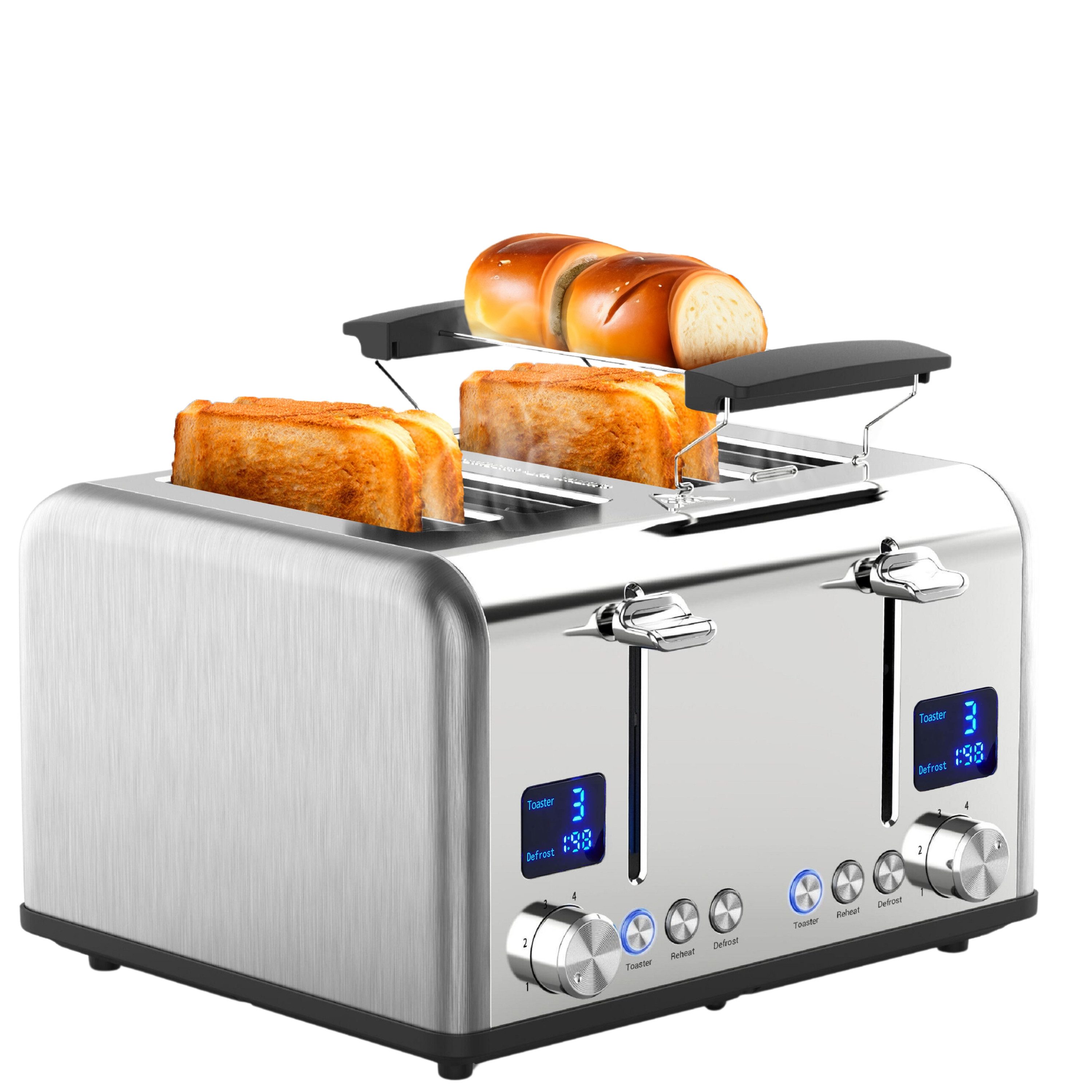 STEINBORG Toaster SB-2080, 4 kurze Schlitze, für 4 Scheiben, 1630 W, Edelstahl Gehäuse,Brötchenaufsatz,Krümelschublade,2xDigitales Display