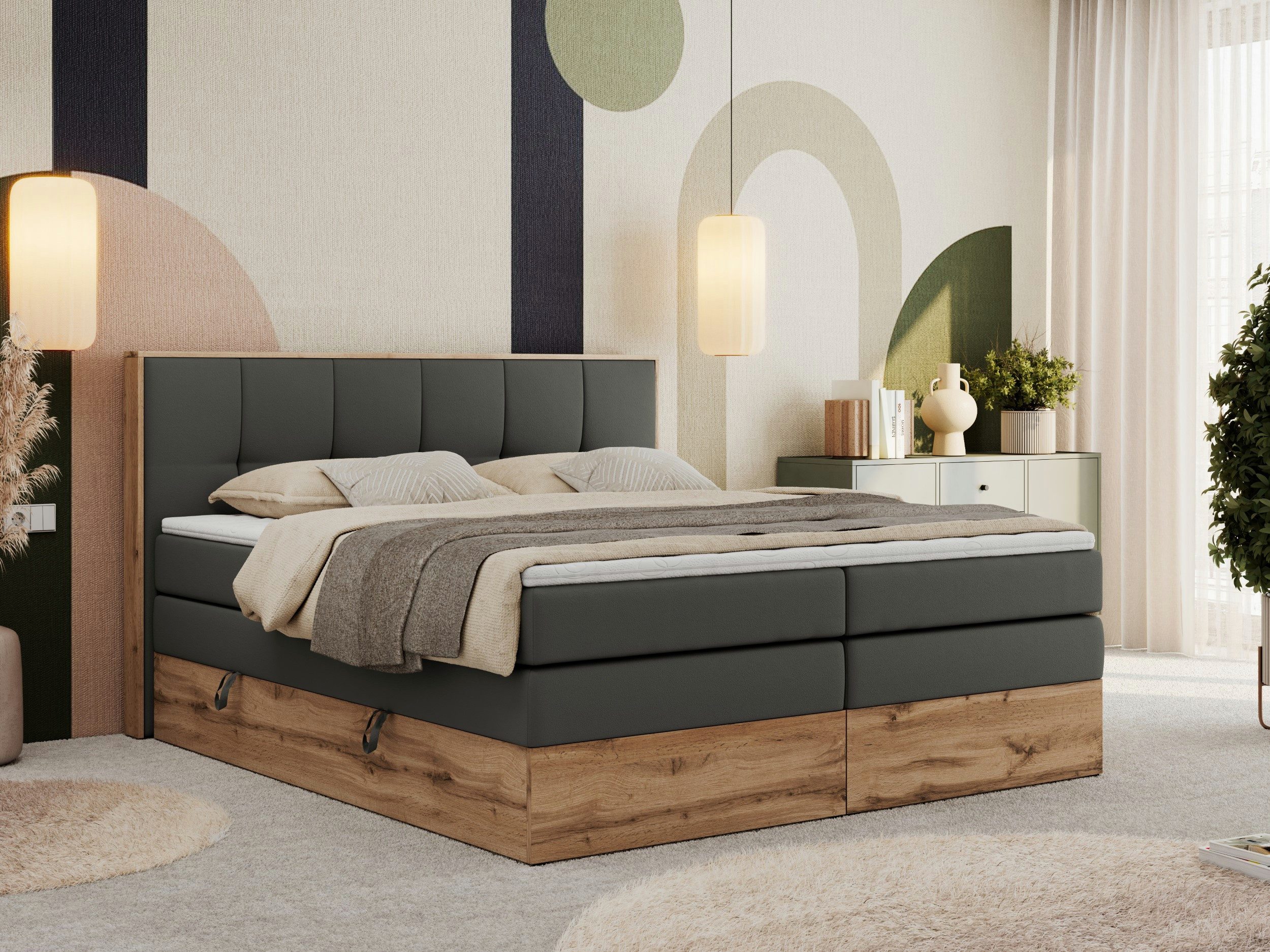 MKS MÖBEL Boxspringbett ALBERO 1 KING (Packung, Set, Polsterbett, Topper T25/Visco, T30-Schaum, Möbelplattenelementen), Doppelbett, Bettkästen, Multipocket-Matratzen, Boxspringbett, Kopfteil