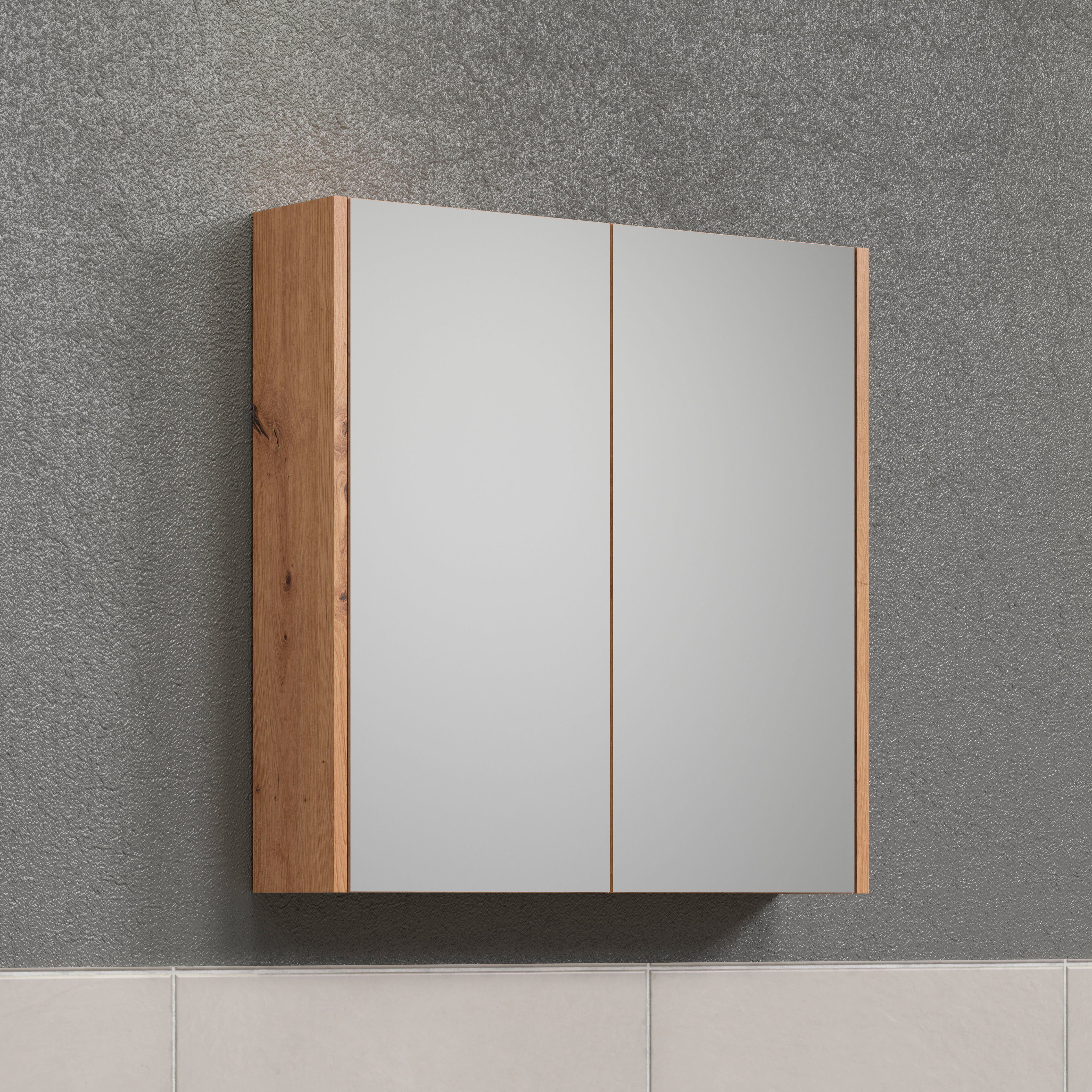 trendteam Spiegelschrank Touch (1-St) Breite weiß matt, Einlegeböden, 2 braune 69 Holzoptik 2 cm, / Türen