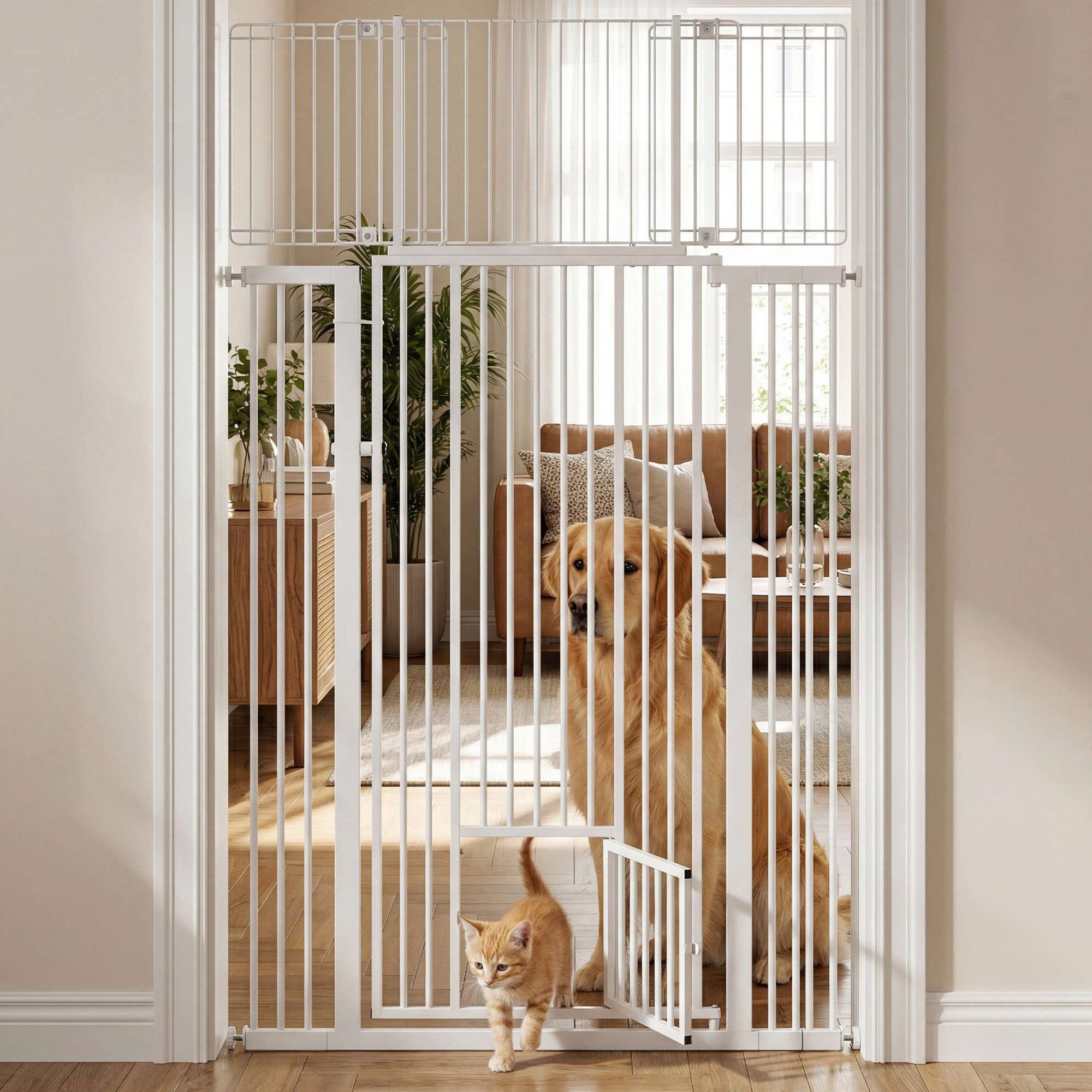 Hausright Treppenschutzgitter Katzengitter Extra hoch 140+40 cm mit Katzentür, für Katzen, bis 130cm, Ohne Bohren montierbar, 180° Türöffnung, 3,5 cm Gitterabstand