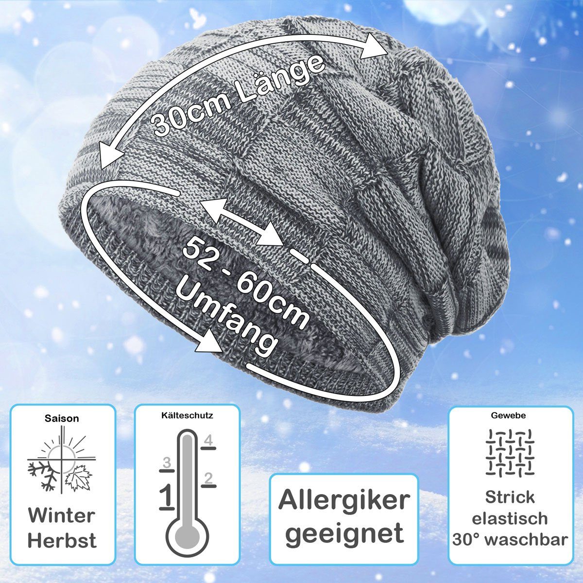 Winter Wintermütze Beanie Herbst compagno (1-St) hellgrau Gefütterte meliert Mütze Haube Herren Strickmütze Damen