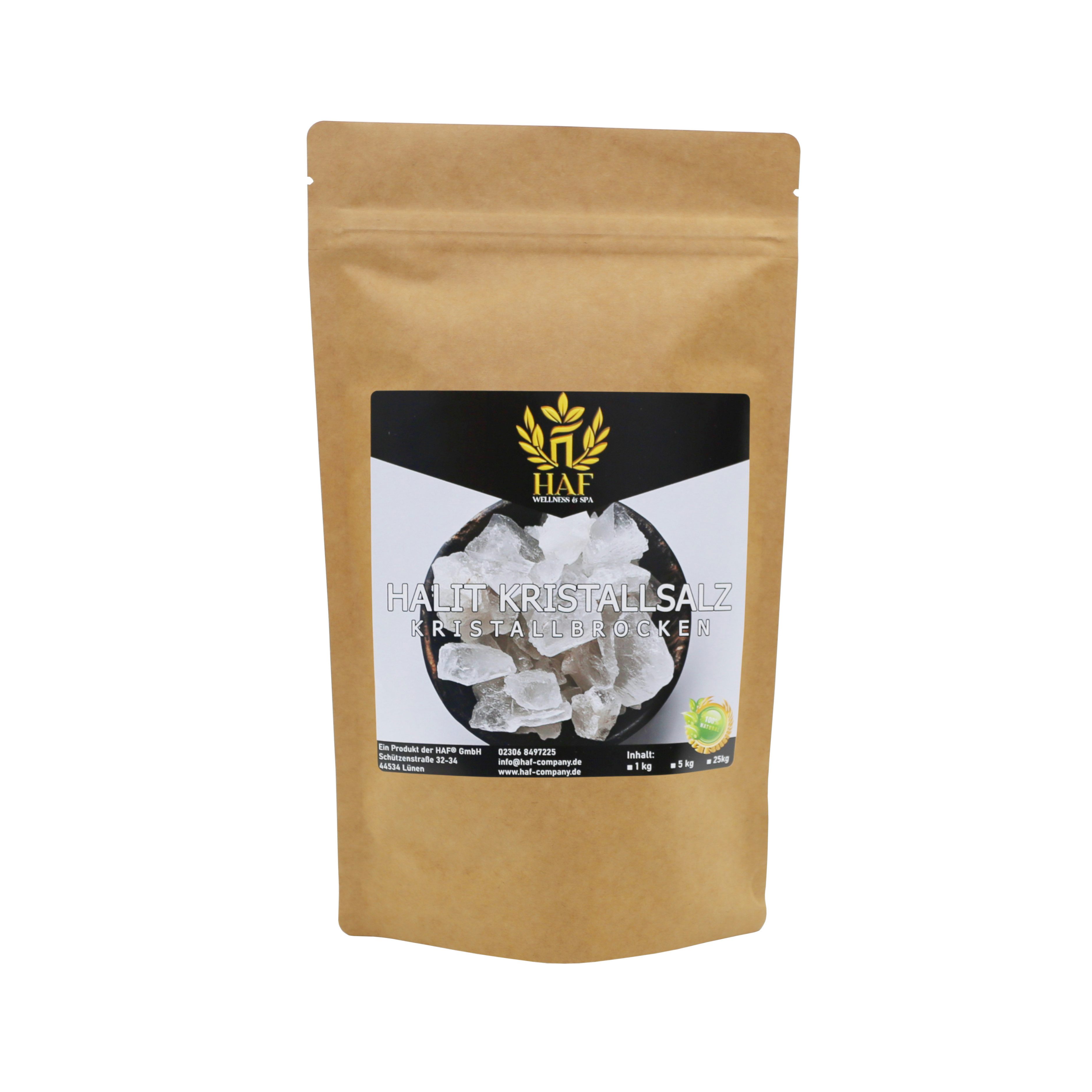 HAF Salzkristalle Weiße Halit Salzbrocken 1 kg Steinsalz Brocken grobes Salz 2-5cm, (Naturbelassen aus der Salt Range in Pakistan, 1 x 1 kg im Beutel), Grobe Steinsalz Brocken ohne Zusätze