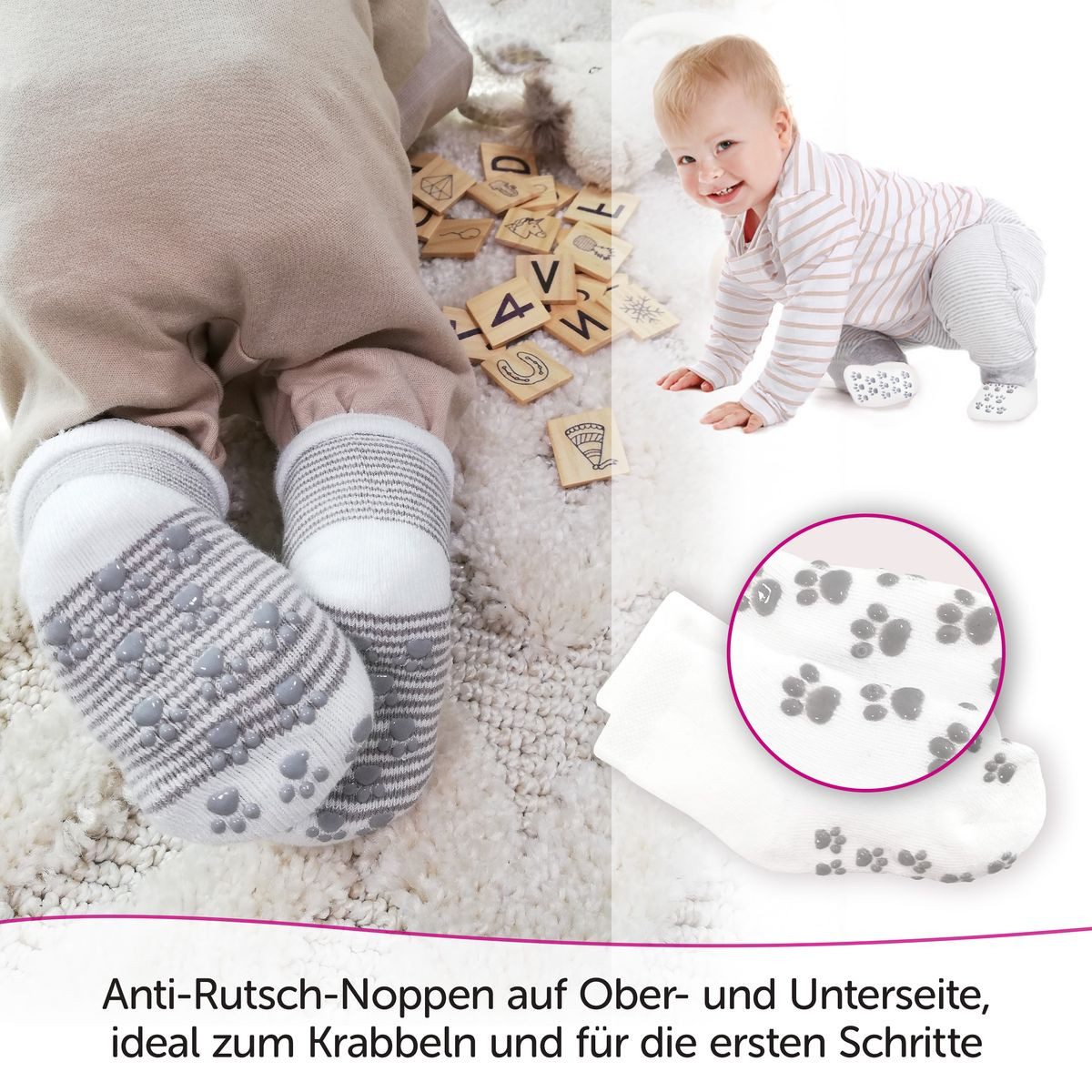 LaLoona Kurzsocken Natur Baby Socken Krabbelsocken Anti Rutsch 5 Paar ABS Babysocken rutschfest