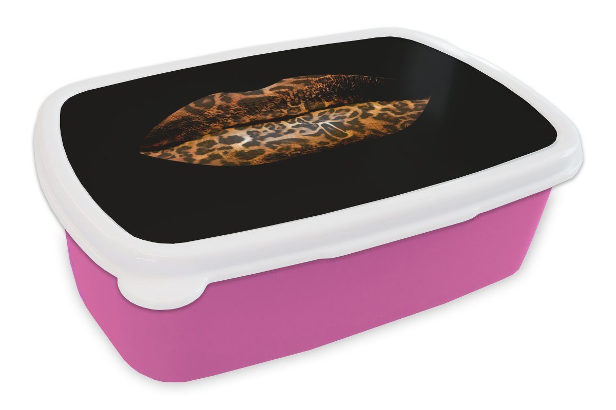 Schwarz, - Brotdose Lunchbox Erwachsene, Kinder, Lippen Brotbox rosa Tigerdruck Kunststoff (2-tlg), Kunststoff, für Mädchen, - MuchoWow Snackbox,