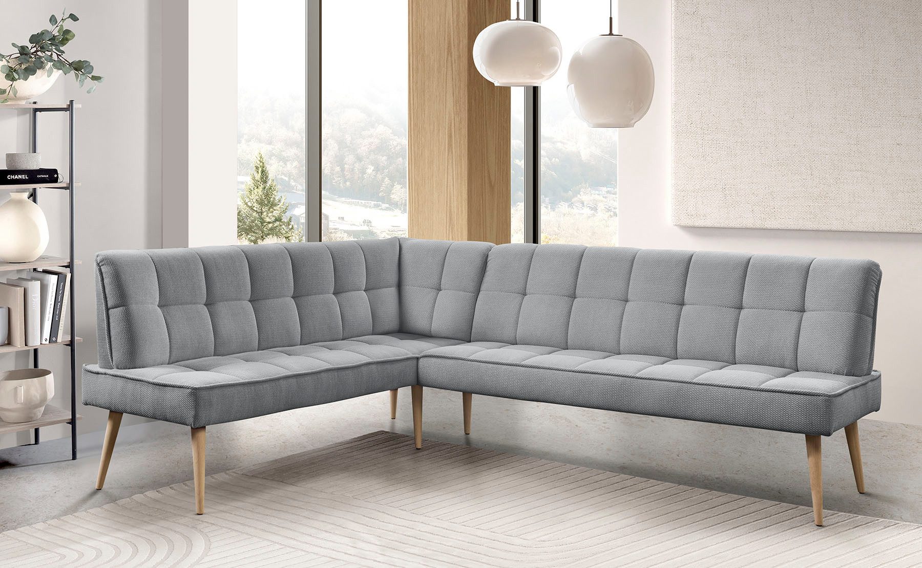 exxpo - sofa fashion Eckbank Latte, moderne Sitz- und Rückensteppung, bequem und elegant, hoher Holzfuß