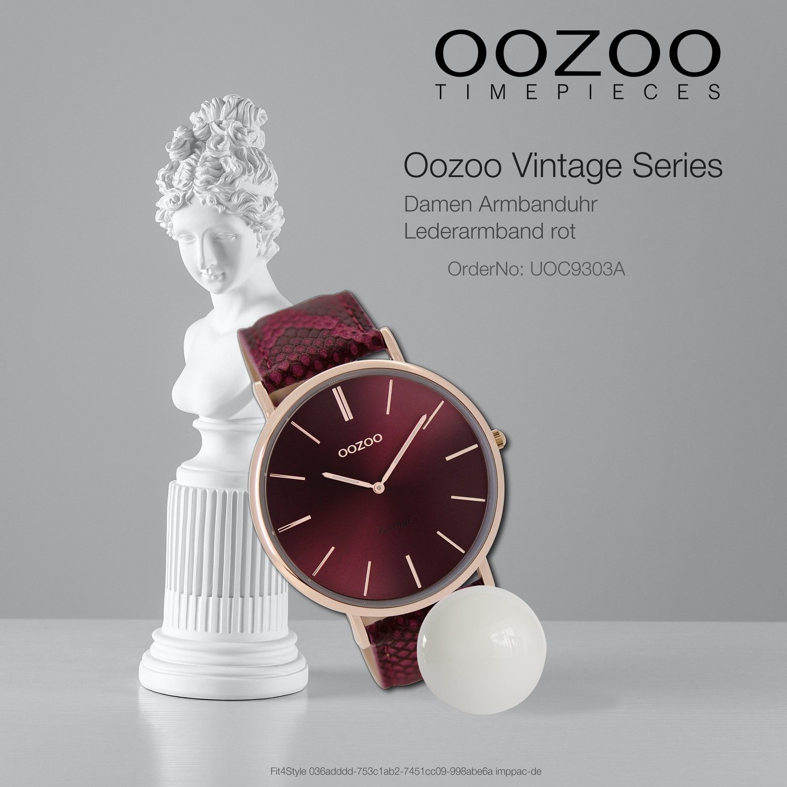 Vintage, Armbanduhr OOZOO Damenuhr rund, Quarzuhr Damen groß Lederarmband Fashion Oozoo (ca. 44mm), rot,