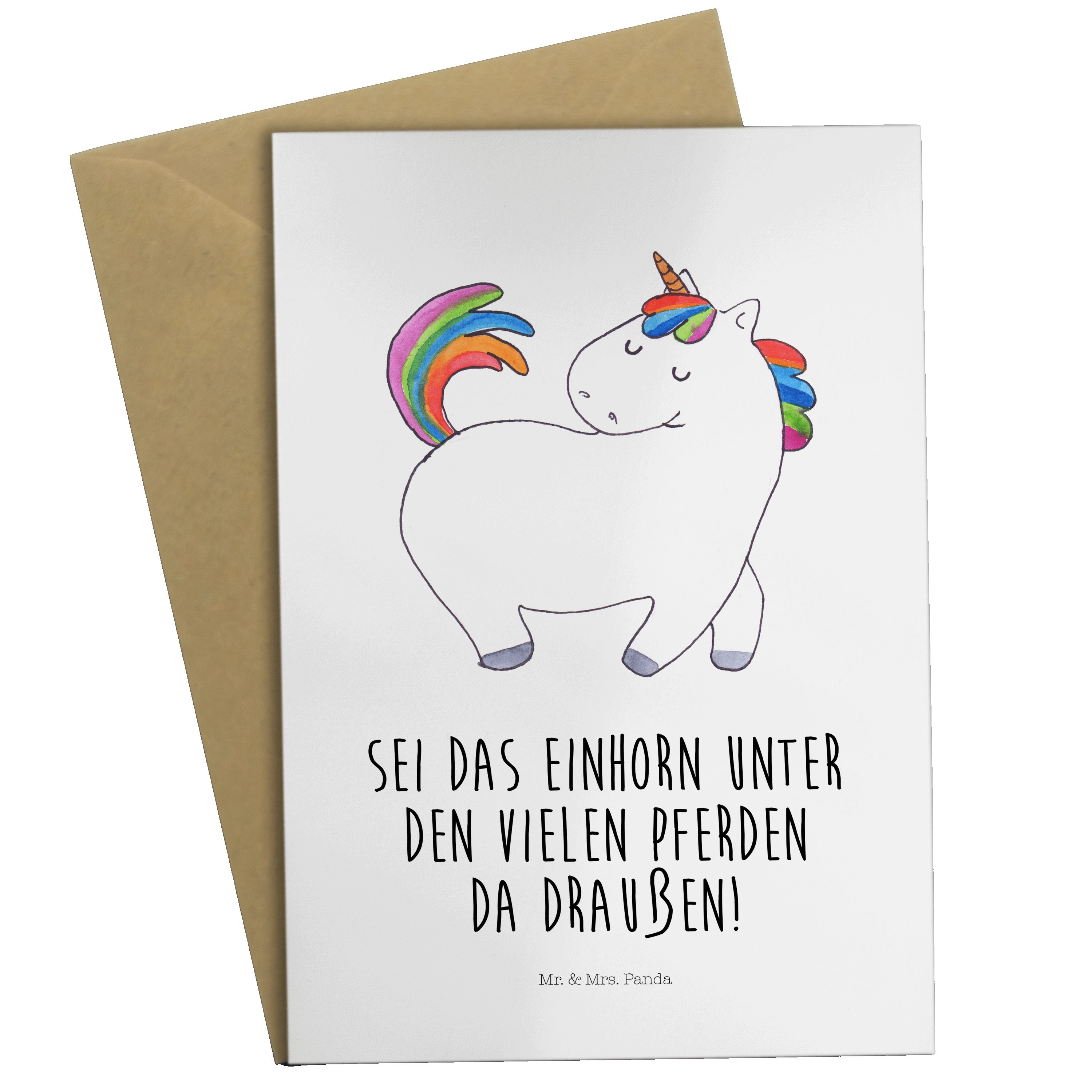 Mr. & Mrs. Panda Grußkarte Einhorn stolzierend - Weiß - Geschenk, Pegasus, Reiten, Unicorn, Klap