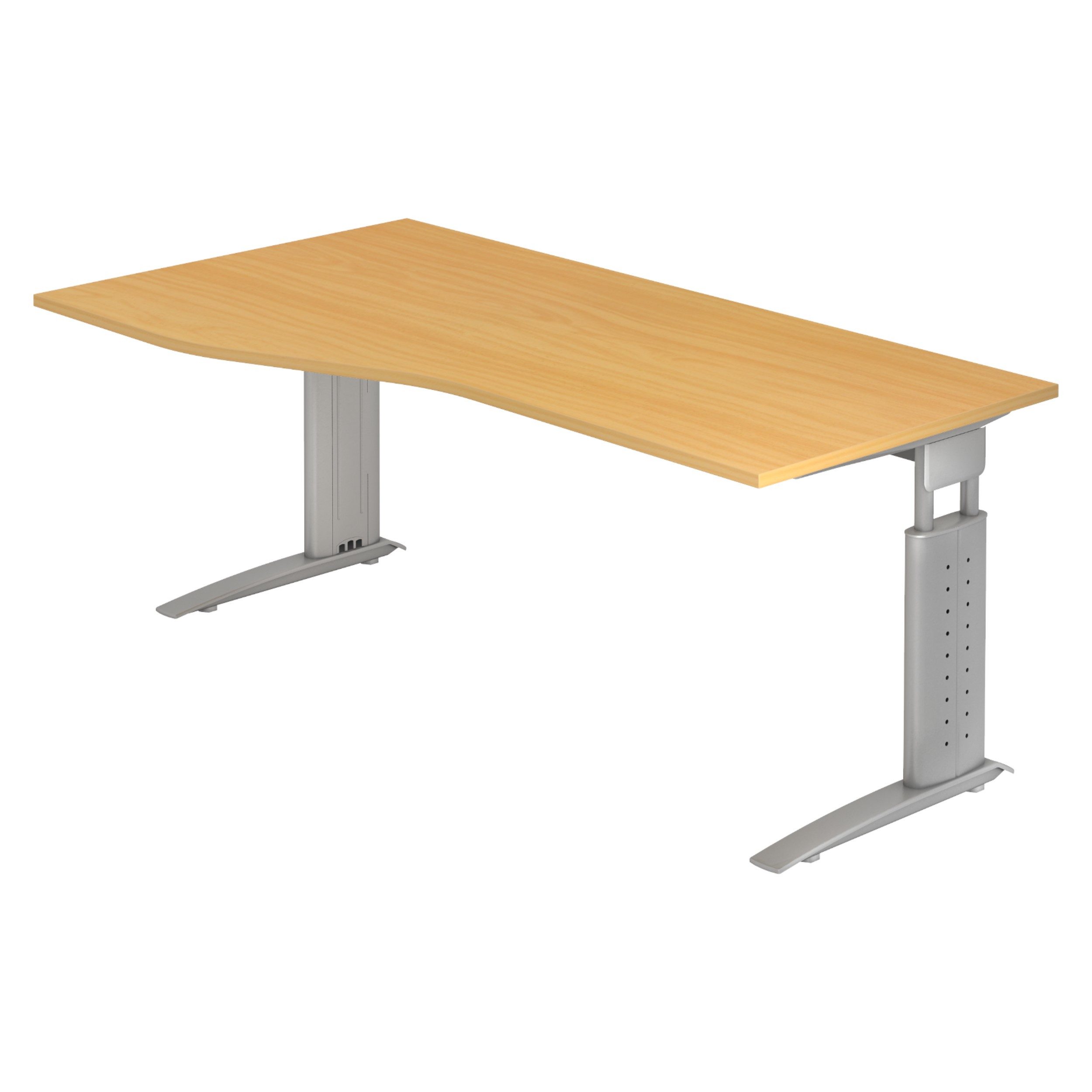 bümö Schreibtisch Serie-U höhenverstellbar, Freiform: 180 x 100 cm - Dekor: Buche - Gestell: Silbergrau