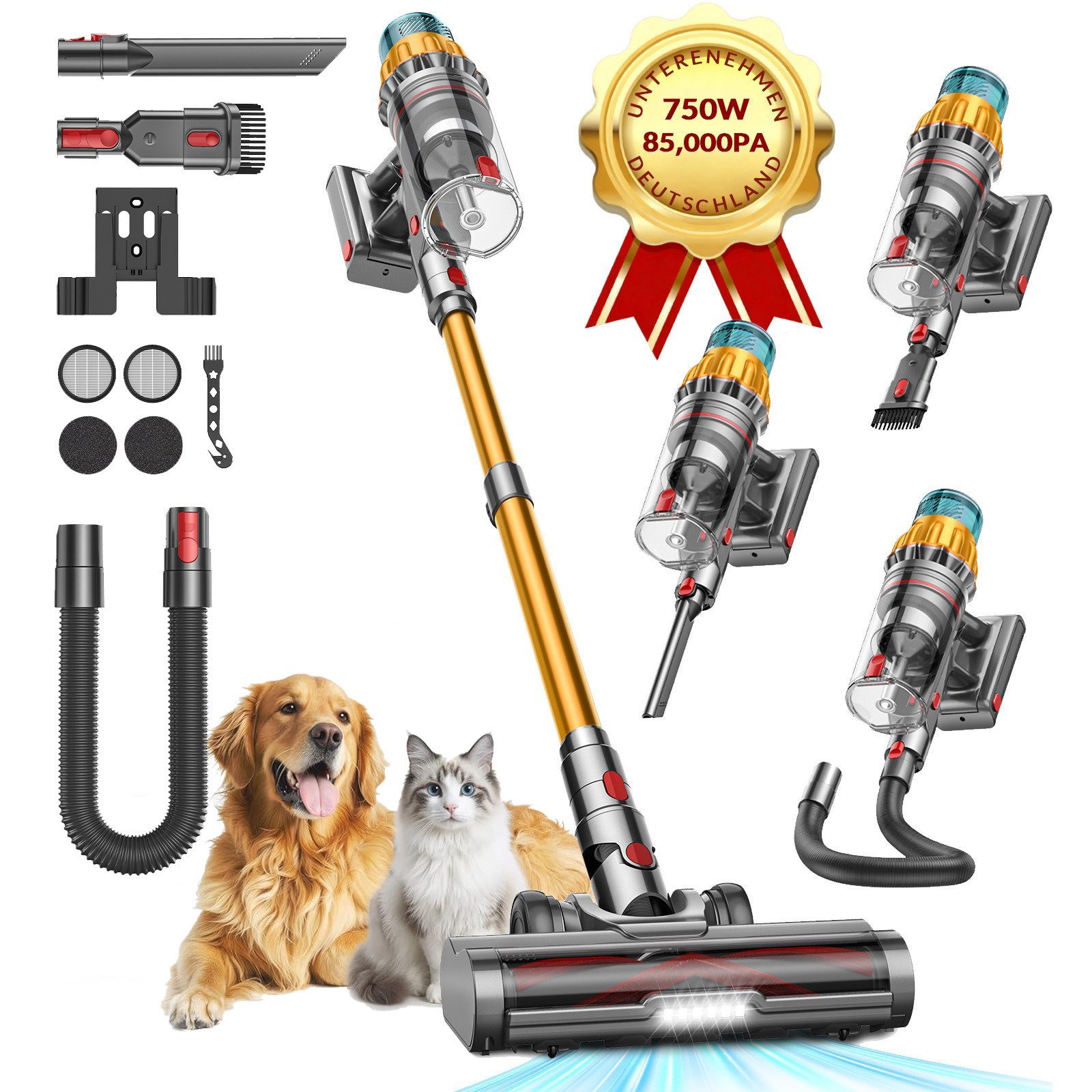 FOSMET Akku-Hand-und Stielstaubsauger Akku Staubsauger 85000Pa 750W 80min, 2,6L Staubbehälter, OLED Display, 750 W, 2.6L, Kabelloser Stabstaubsauger mit 11-Stufen-Filter, 50dB leise, für Böden