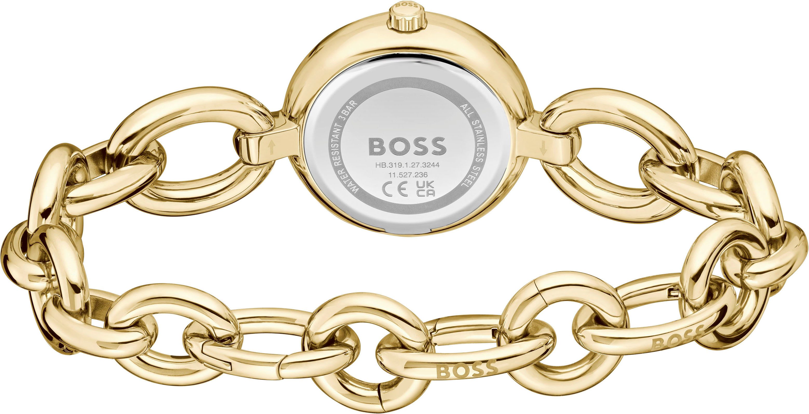 BOSS Quarzuhr LIVE 1502792, Armbanduhr, Damenuhr, Edelstahlarmband, analog, Glassteine